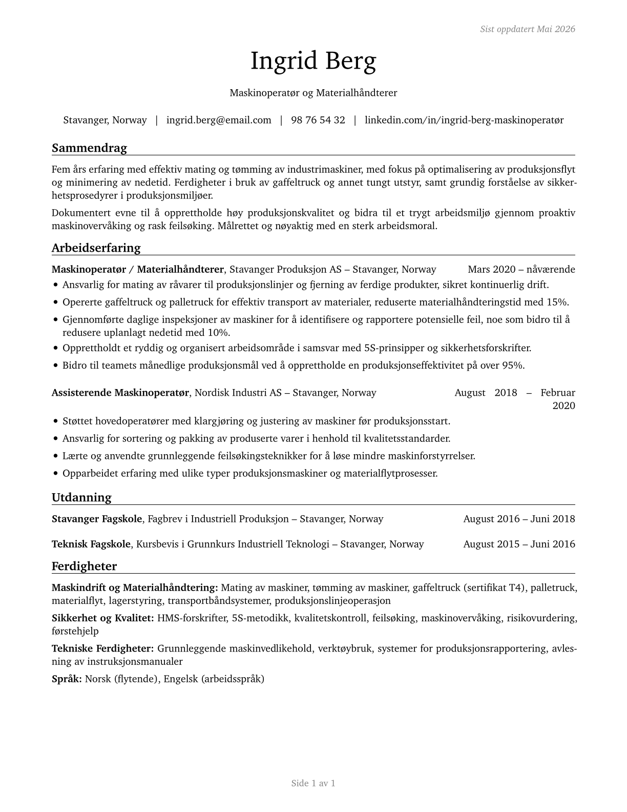 Machine Feeders and Offbearers CV in Norwegian_bokmal — page 1