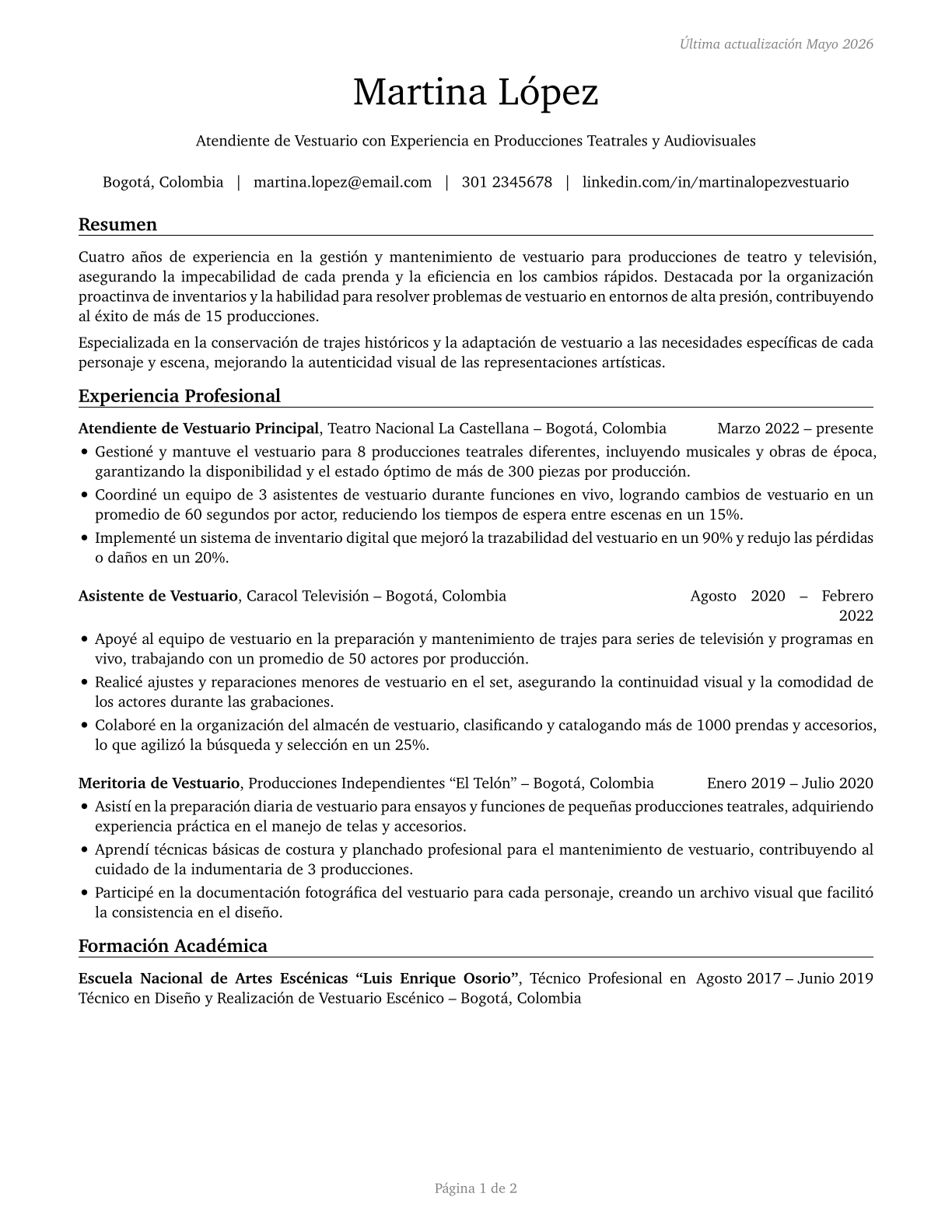 Costume Attendants CV in Spanish — page 1