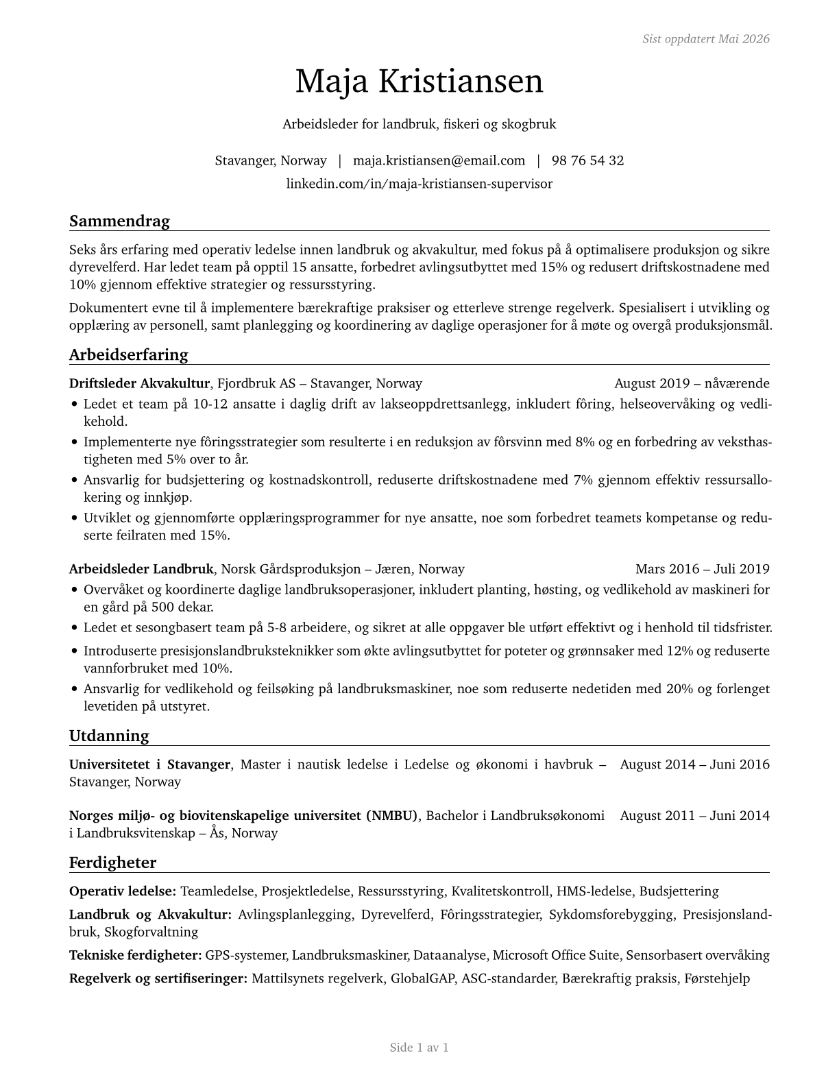 First-Line Supervisors of Farming, Fishing, and Forestry Workers CV in Norwegian_bokmal — page 1