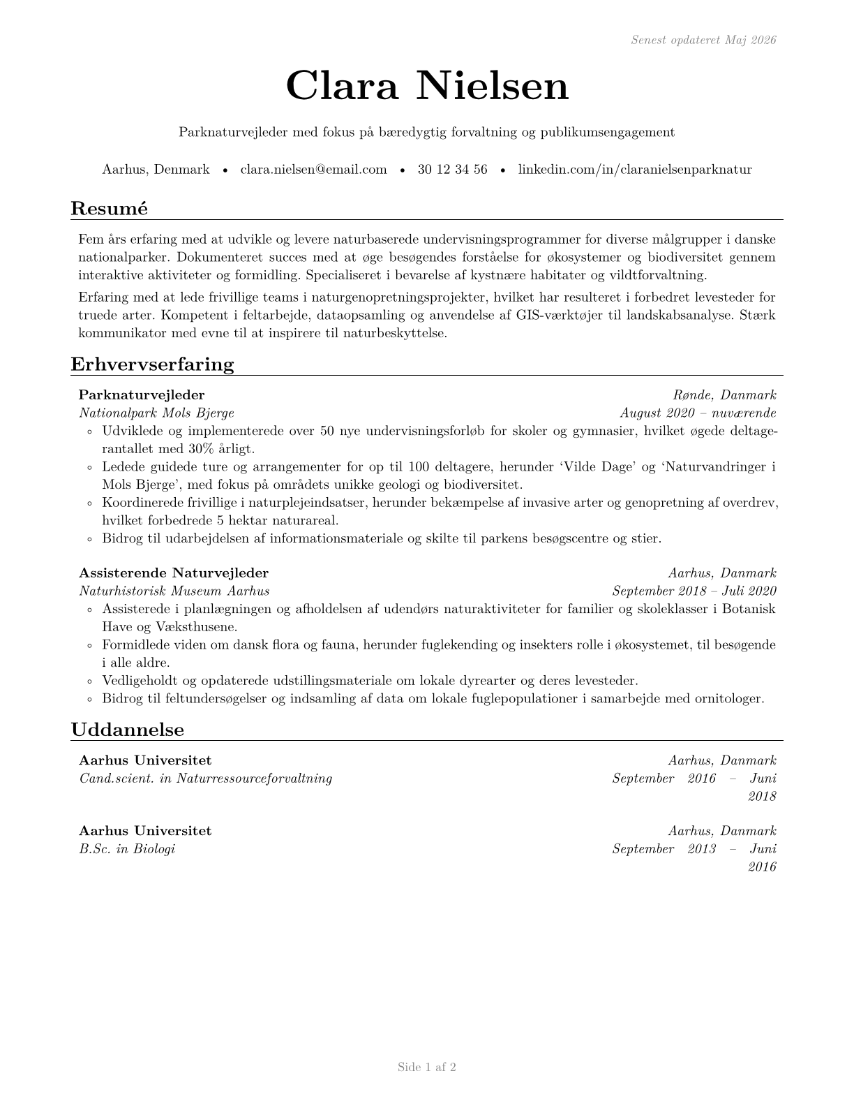 Park Naturalists CV in Danish — page 1