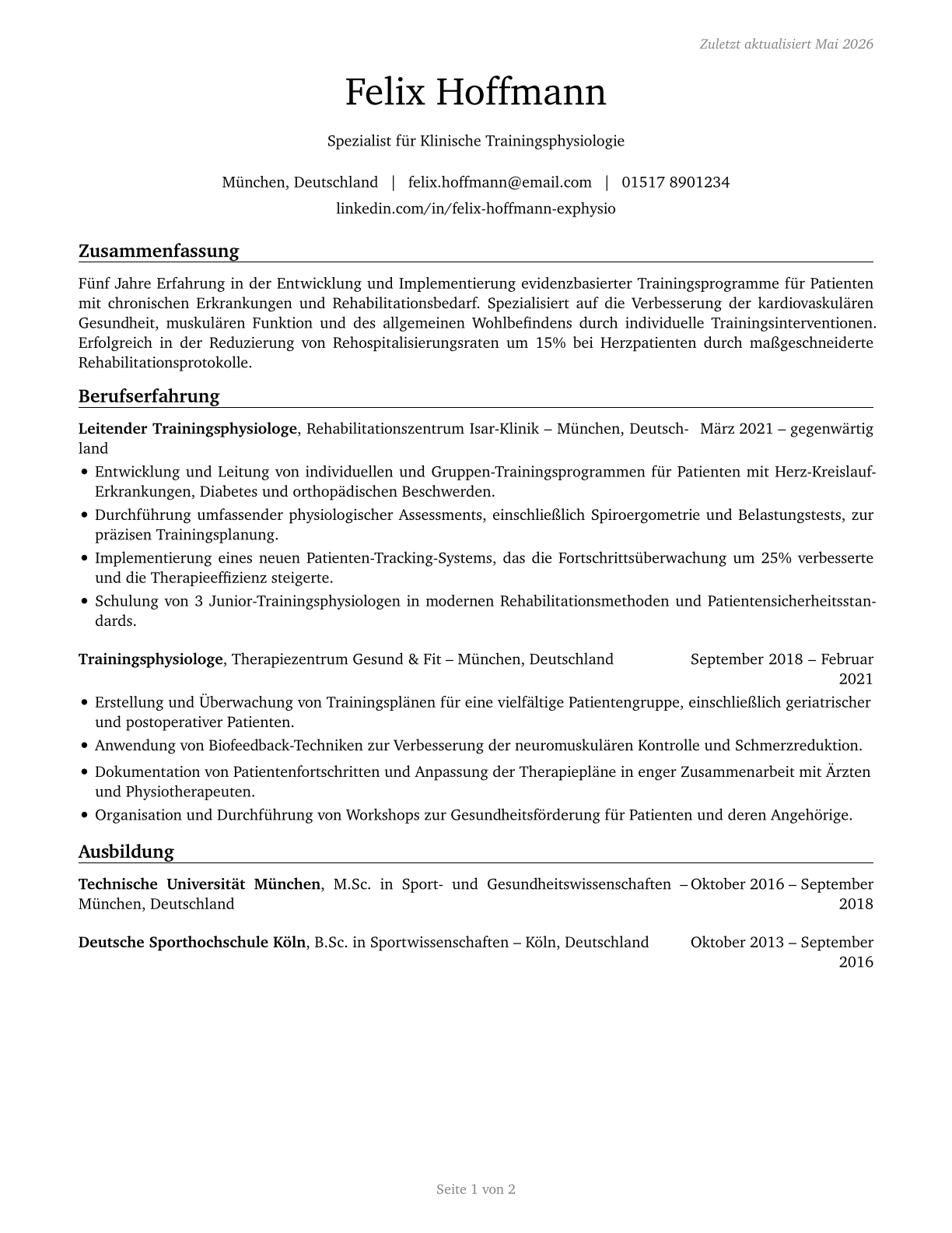 Exercise Physiologists CV in German — page 1