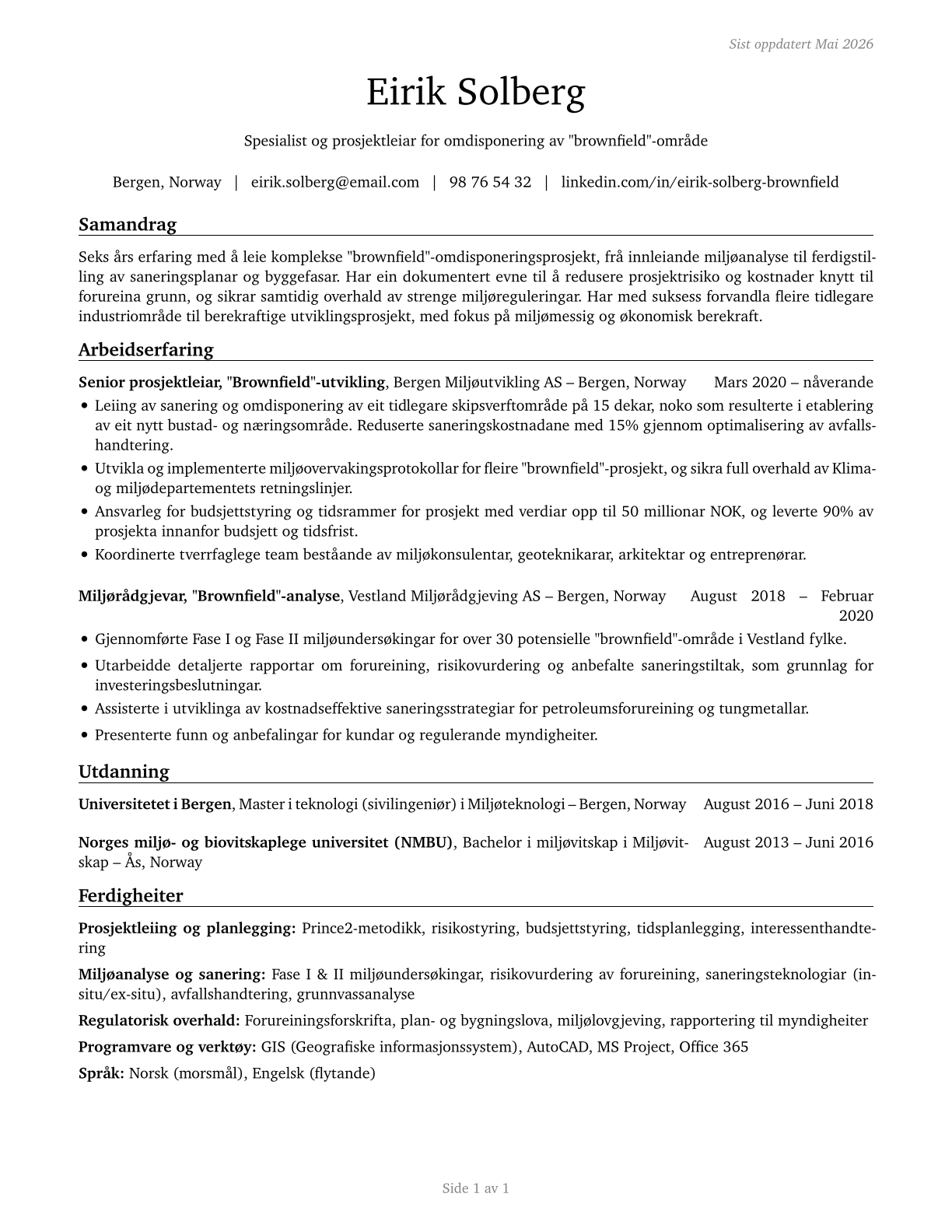 Brownfield Redevelopment Specialists and Site Managers CV in Norwegian_nynorsk — page 1
