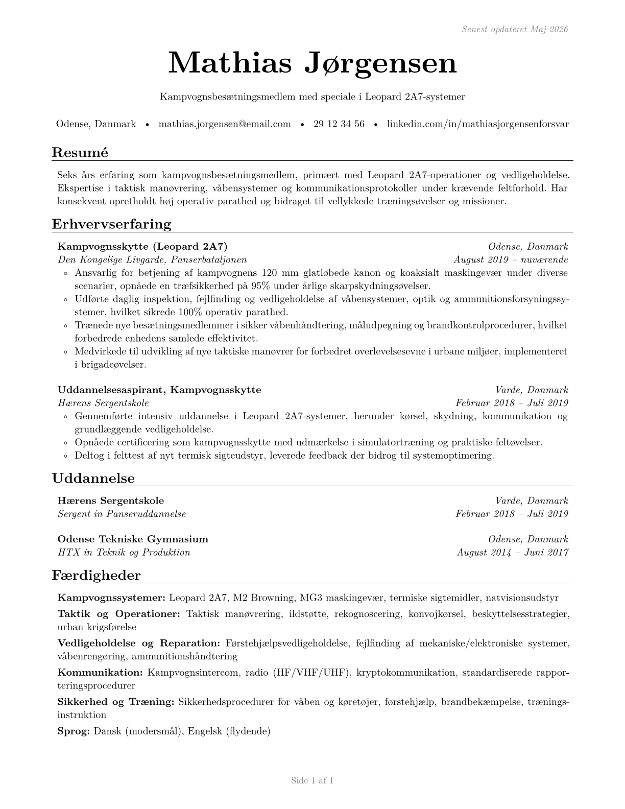 Armored Assault Vehicle Crew Members CV in Danish — page 1