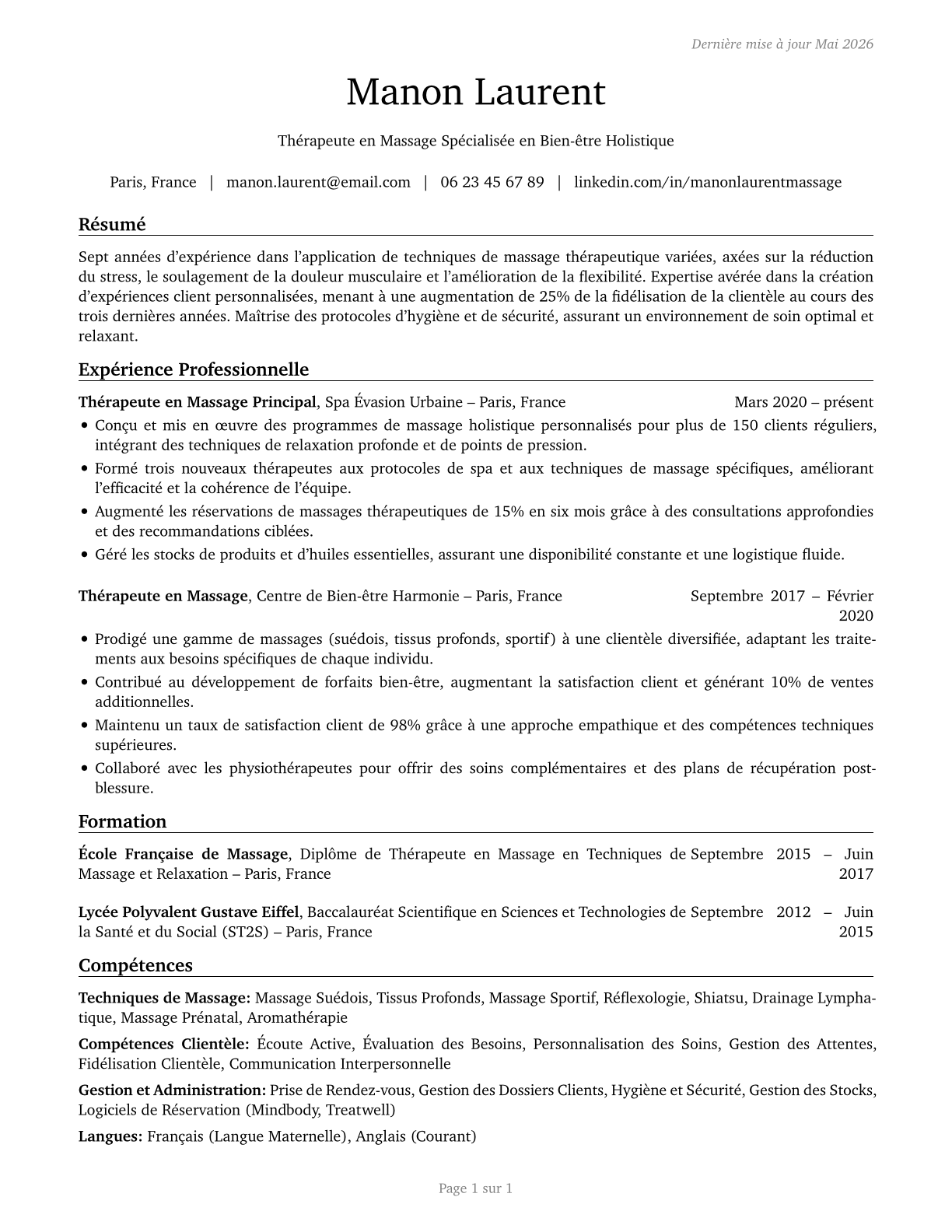 Massage Therapists CV in French — page 1