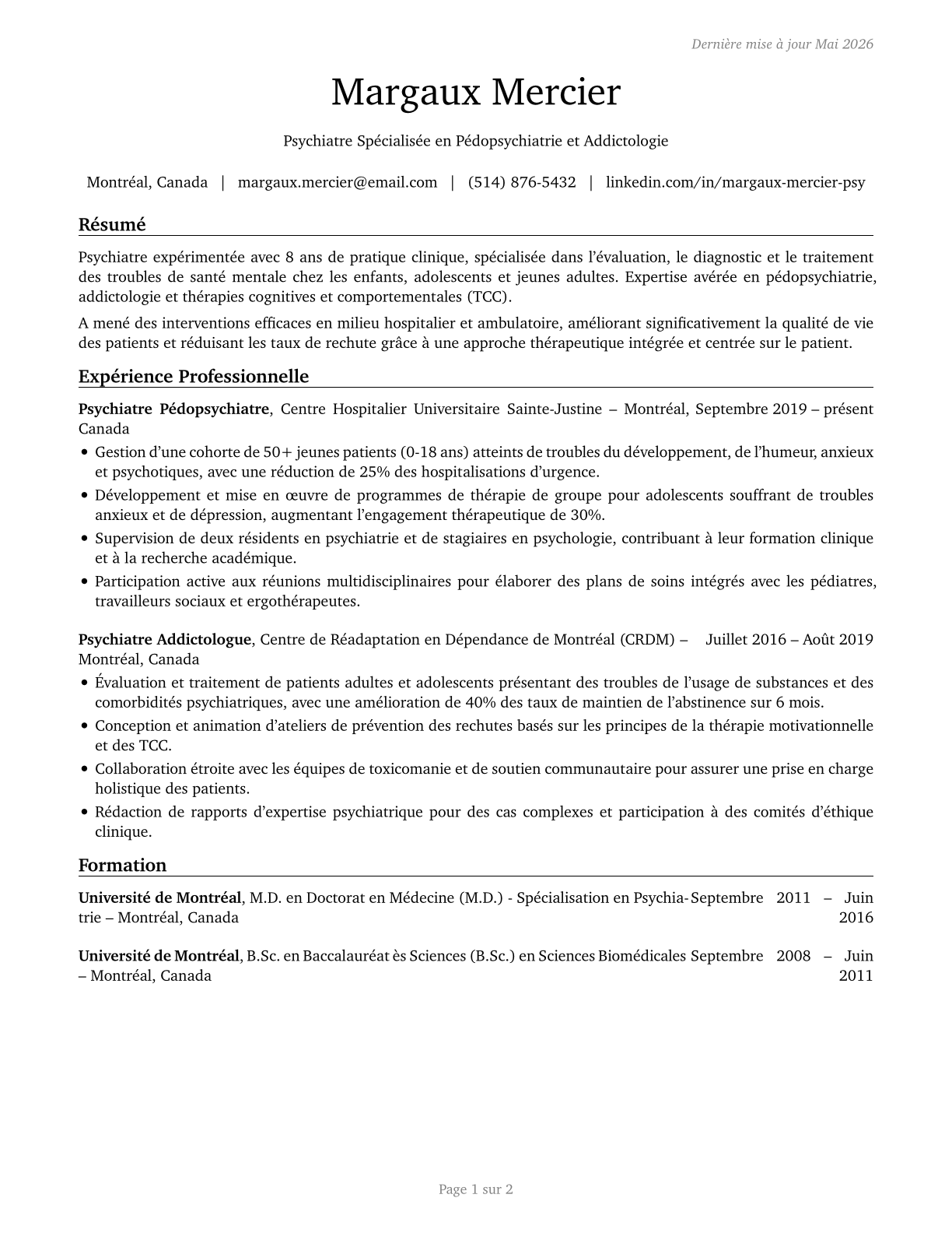Psychiatrists CV in French — page 1