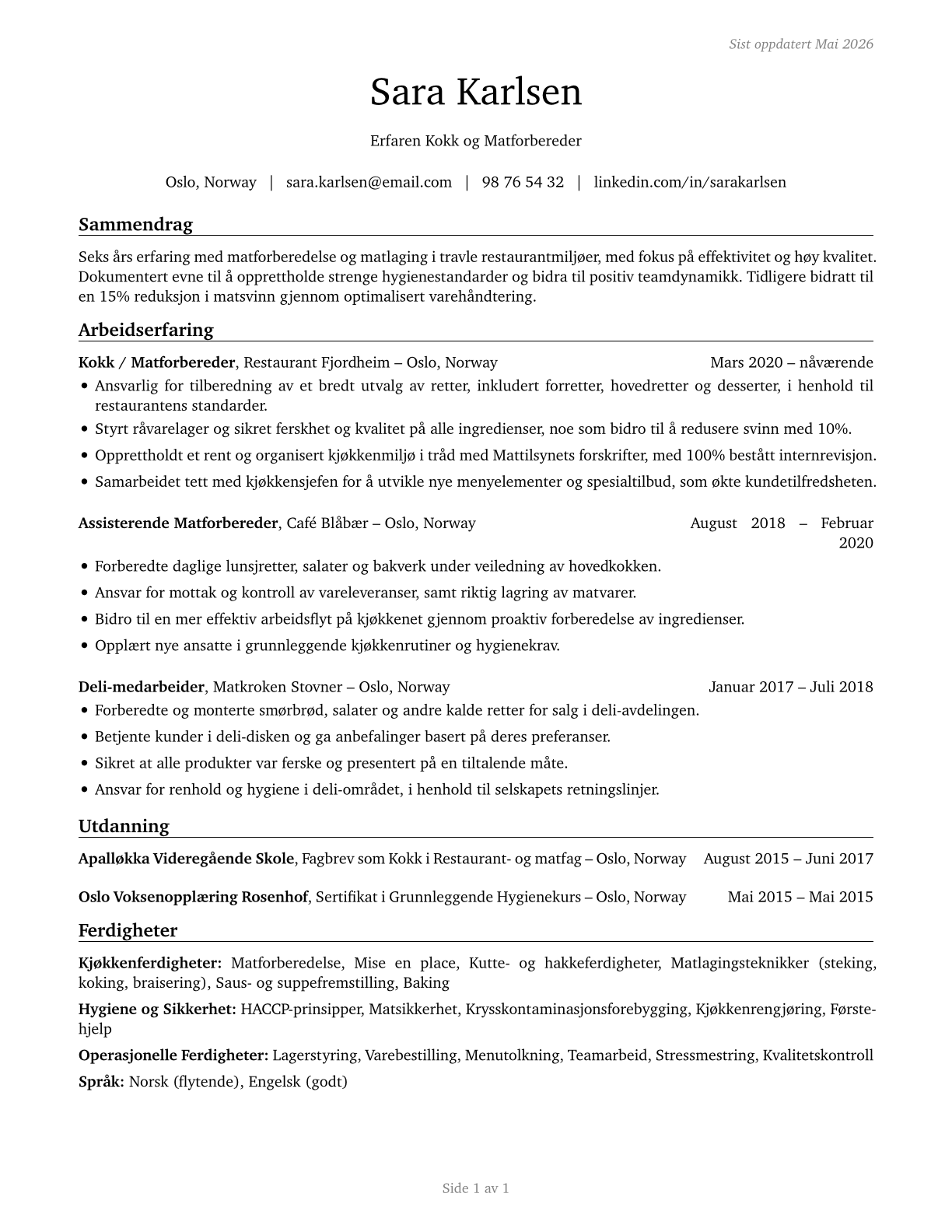 Food Preparation Workers CV in Norwegian_bokmal — page 1