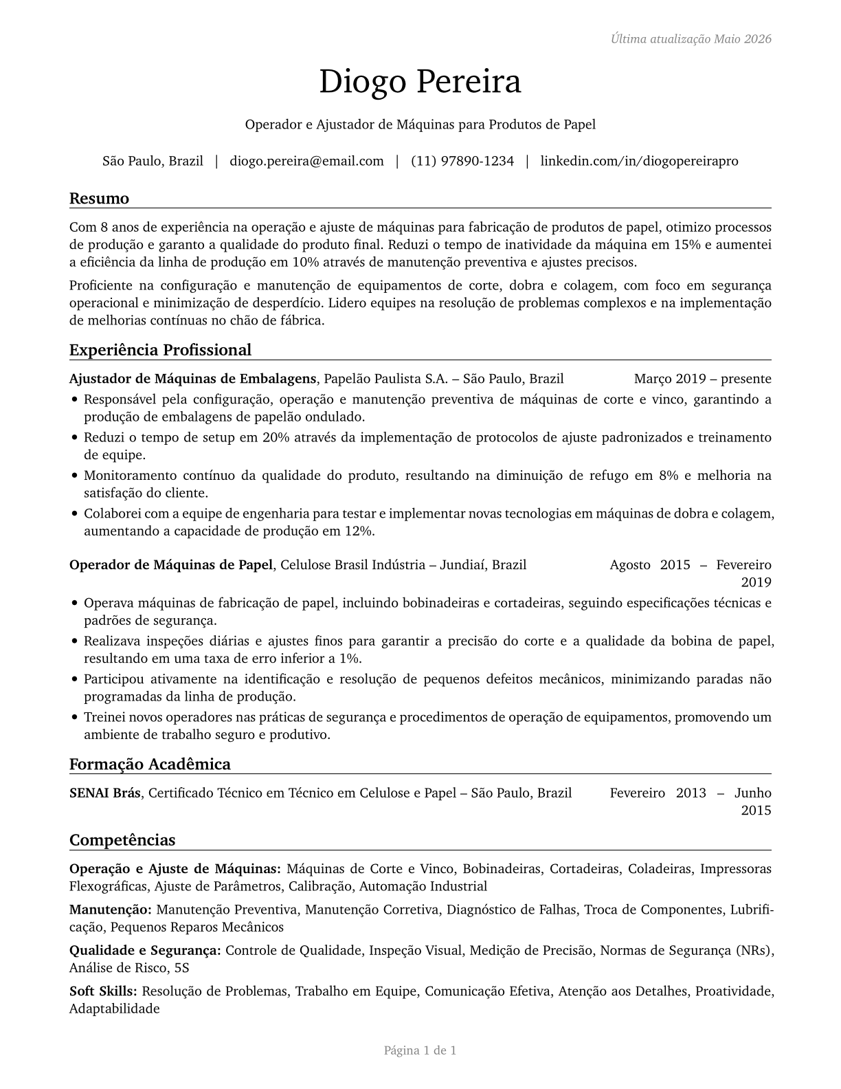 Paper Goods Machine Setters, Operators, and Tenders CV in Portuguese — page 1