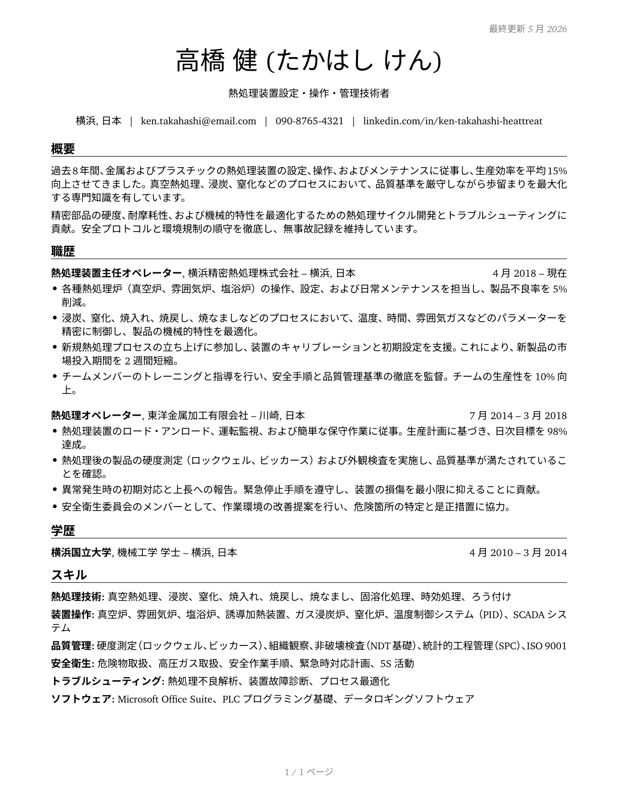 Heat Treating Equipment Setters, Operators, and Tenders, Metal and Plastic CV in Japanese — page 1