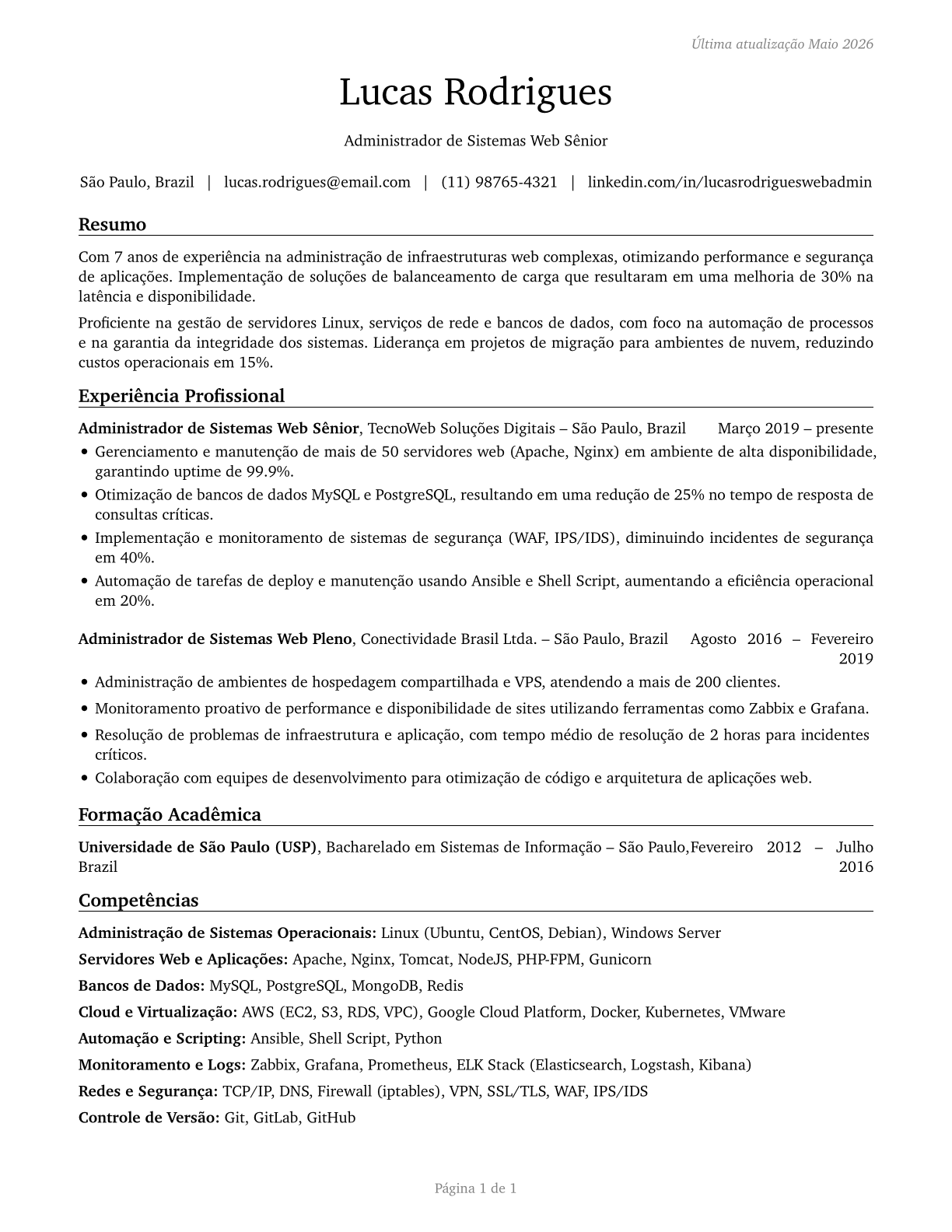 Web Administrators CV in Portuguese — page 1