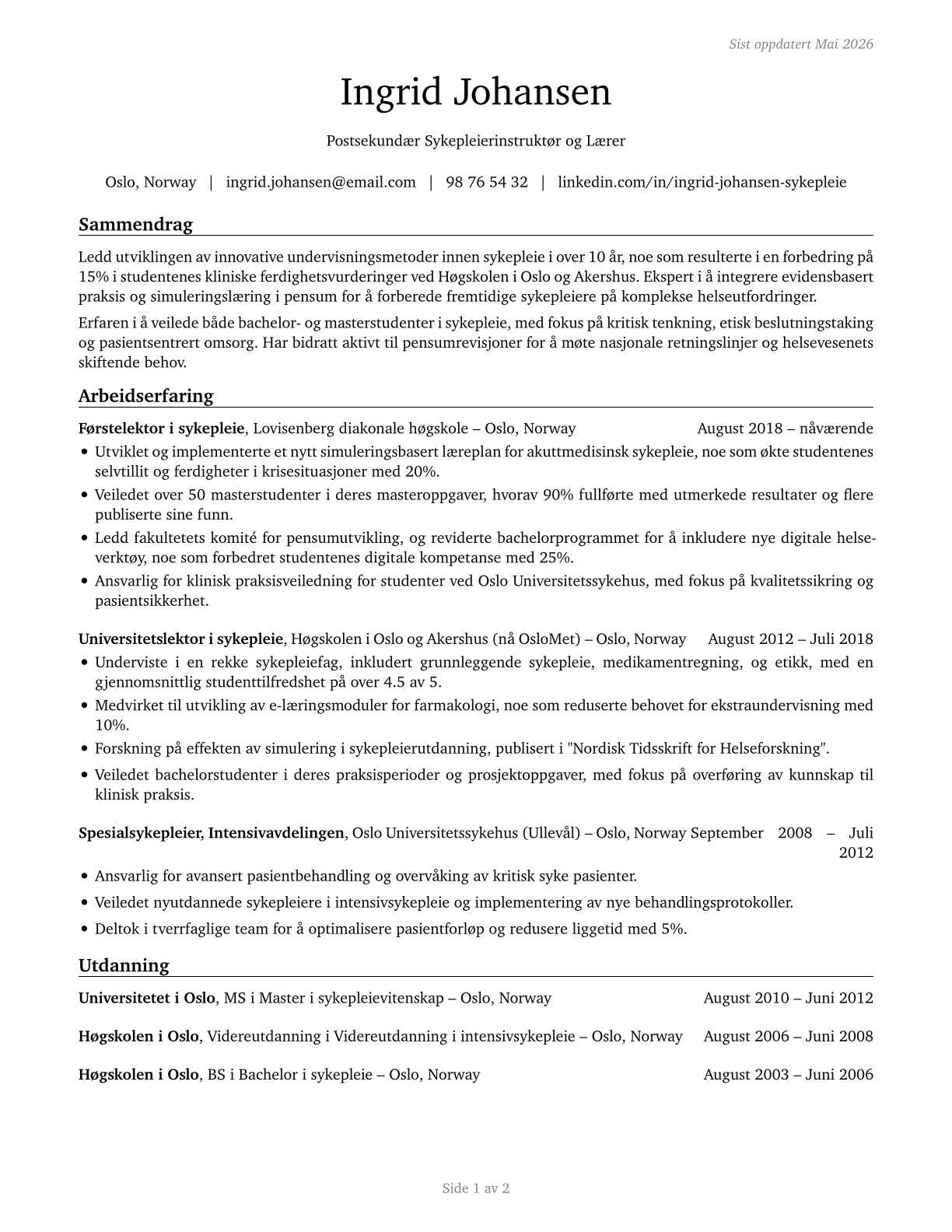 Nursing Instructors and Teachers, Postsecondary CV in Norwegian_bokmal — page 1