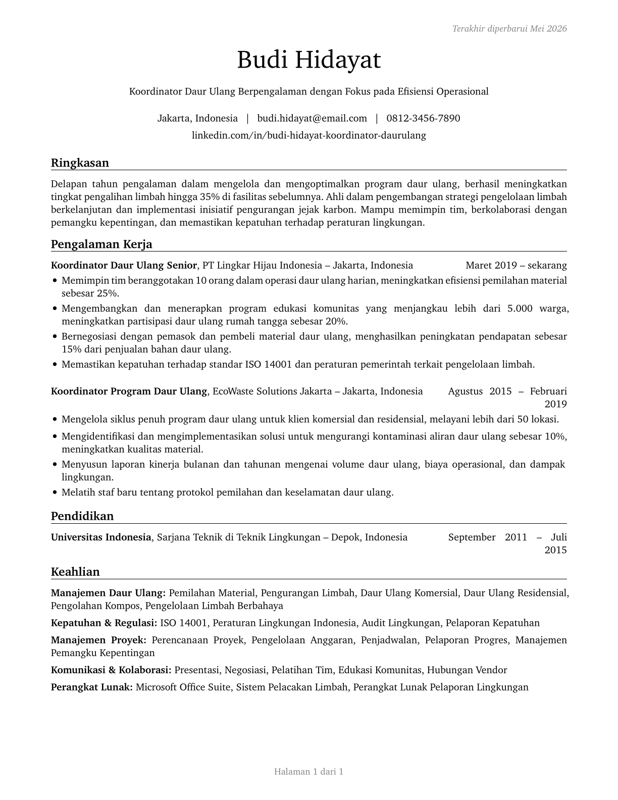Recycling Coordinators CV in Indonesian — page 1