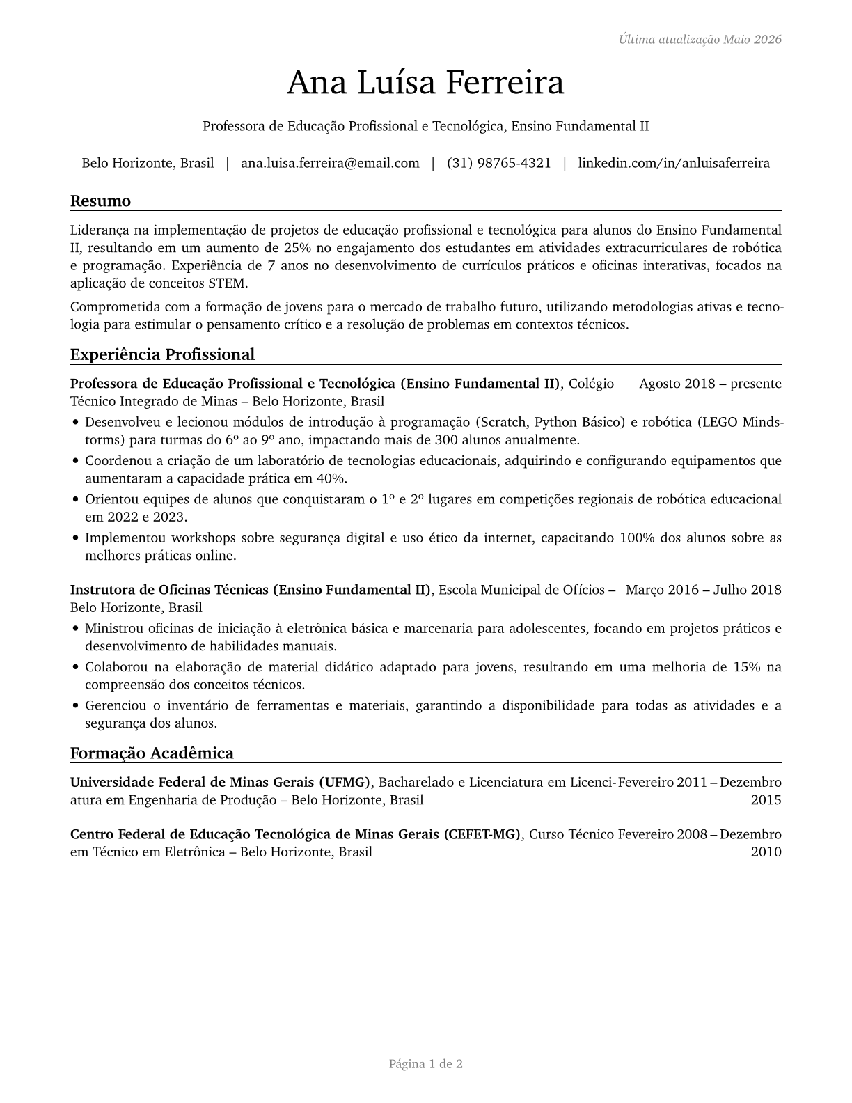 Career/Technical Education Teachers, Middle School CV in Portuguese — page 1