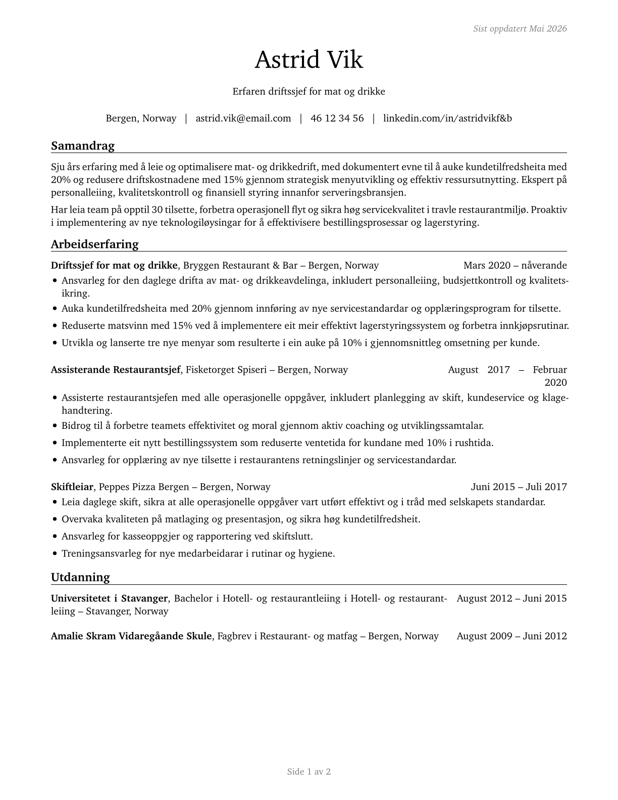 Food Service Managers CV in Norwegian_nynorsk — page 1