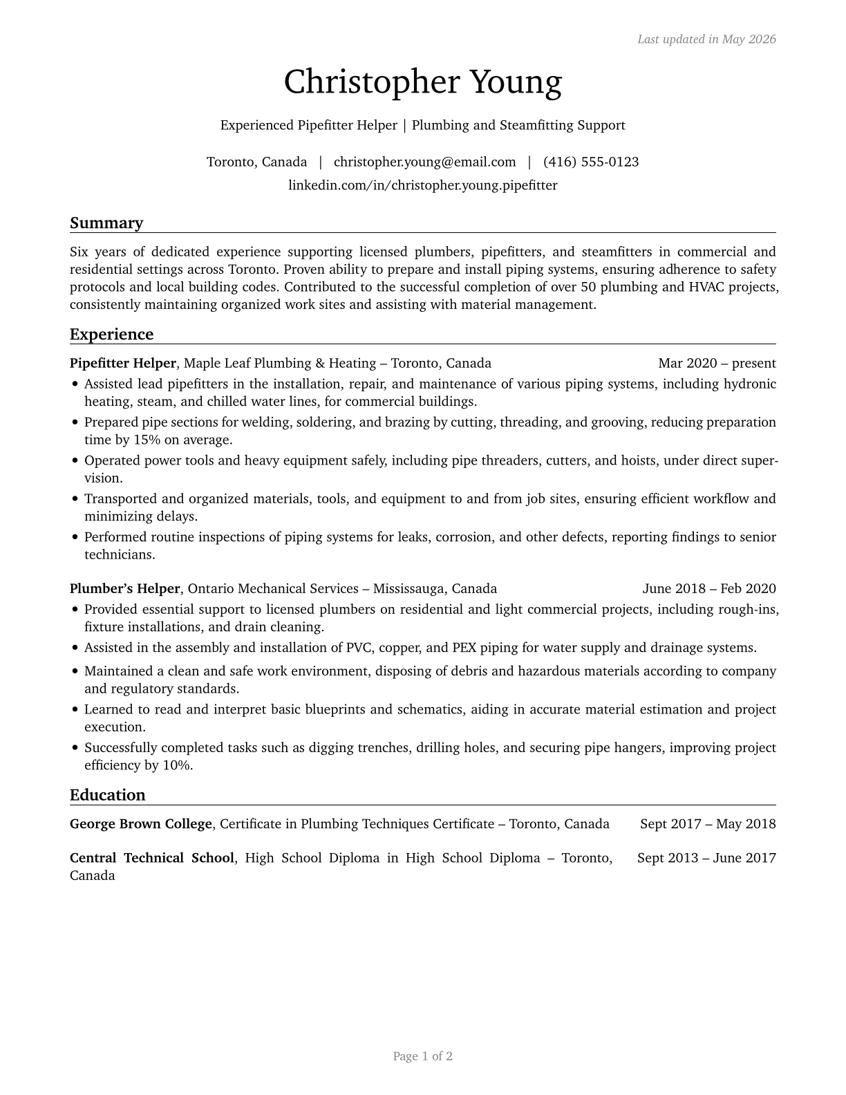 Helpers--Pipelayers, Plumbers, Pipefitters, and Steamfitters CV in English — page 1