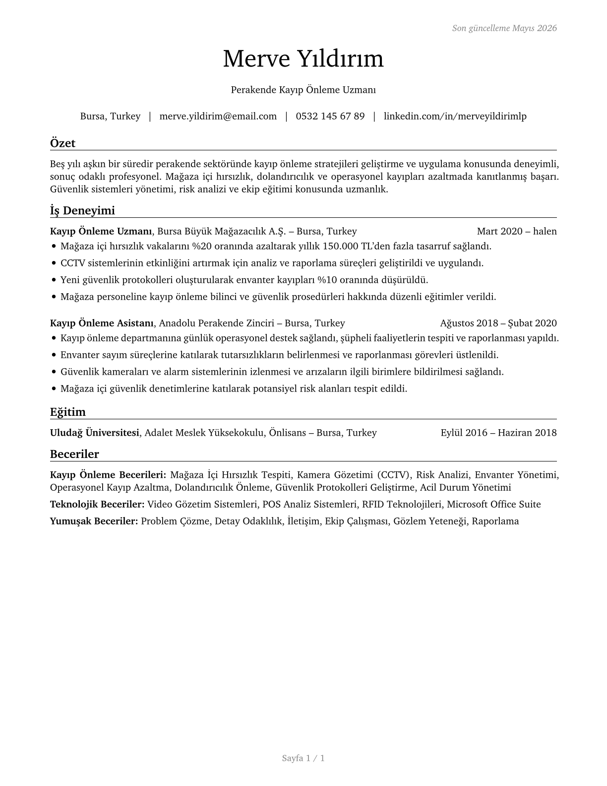 Retail Loss Prevention Specialists CV in Turkish — page 1