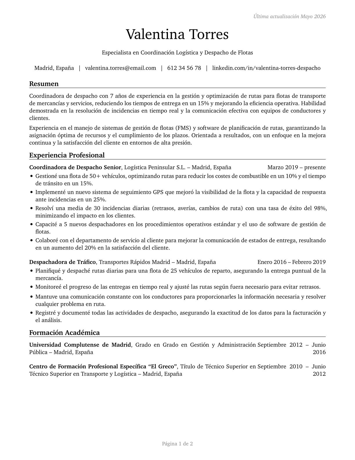 Dispatchers, Except Police, Fire, and Ambulance CV in Spanish — page 1