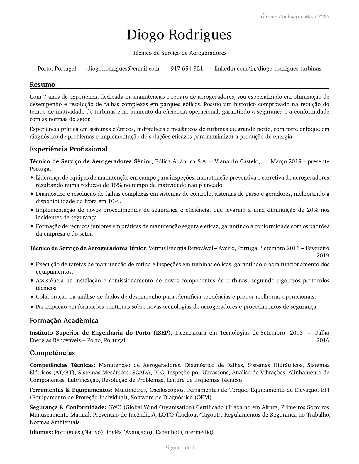 Wind Turbine Service Technicians CV in Portuguese — page 1