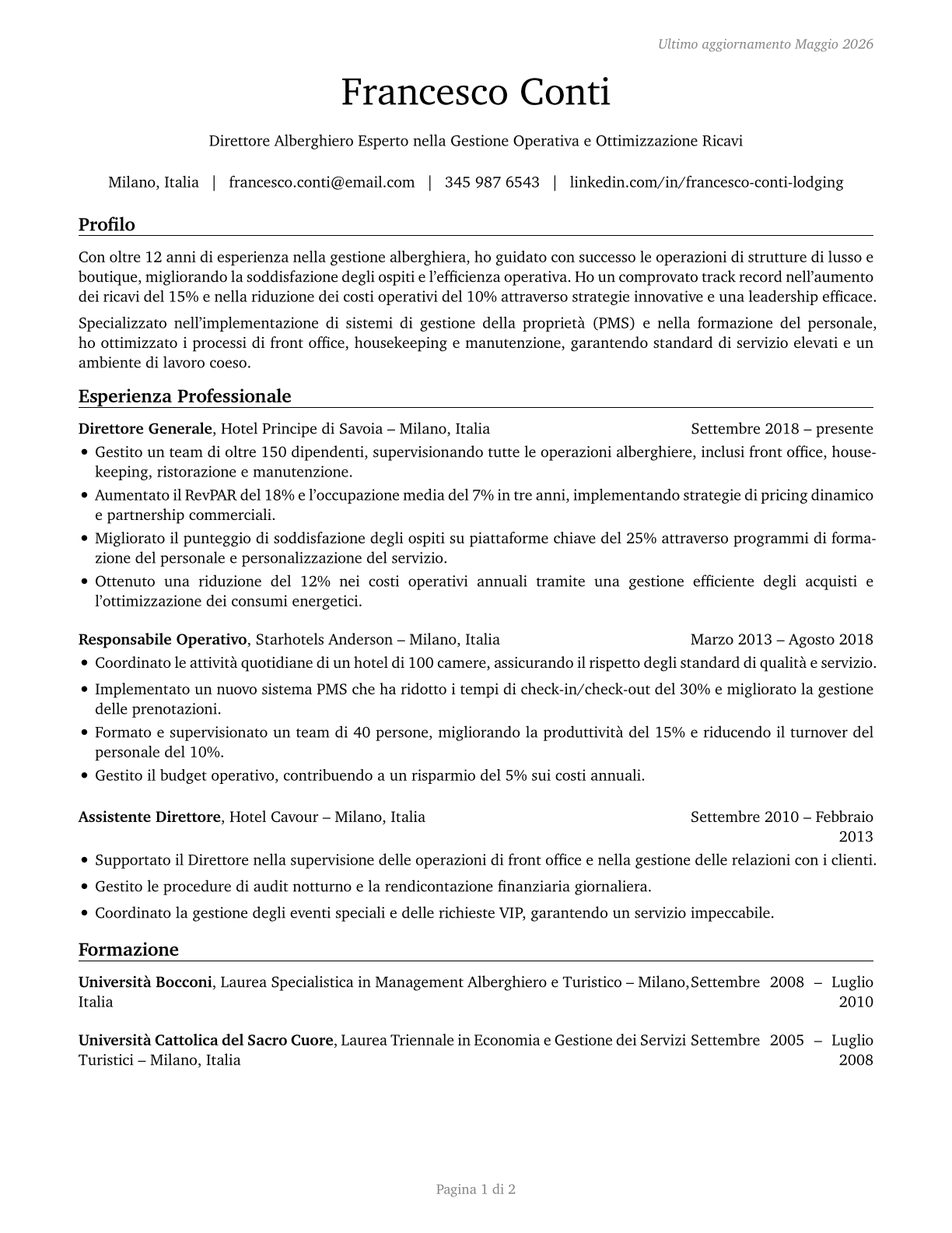 Lodging Managers CV in Italian — page 1