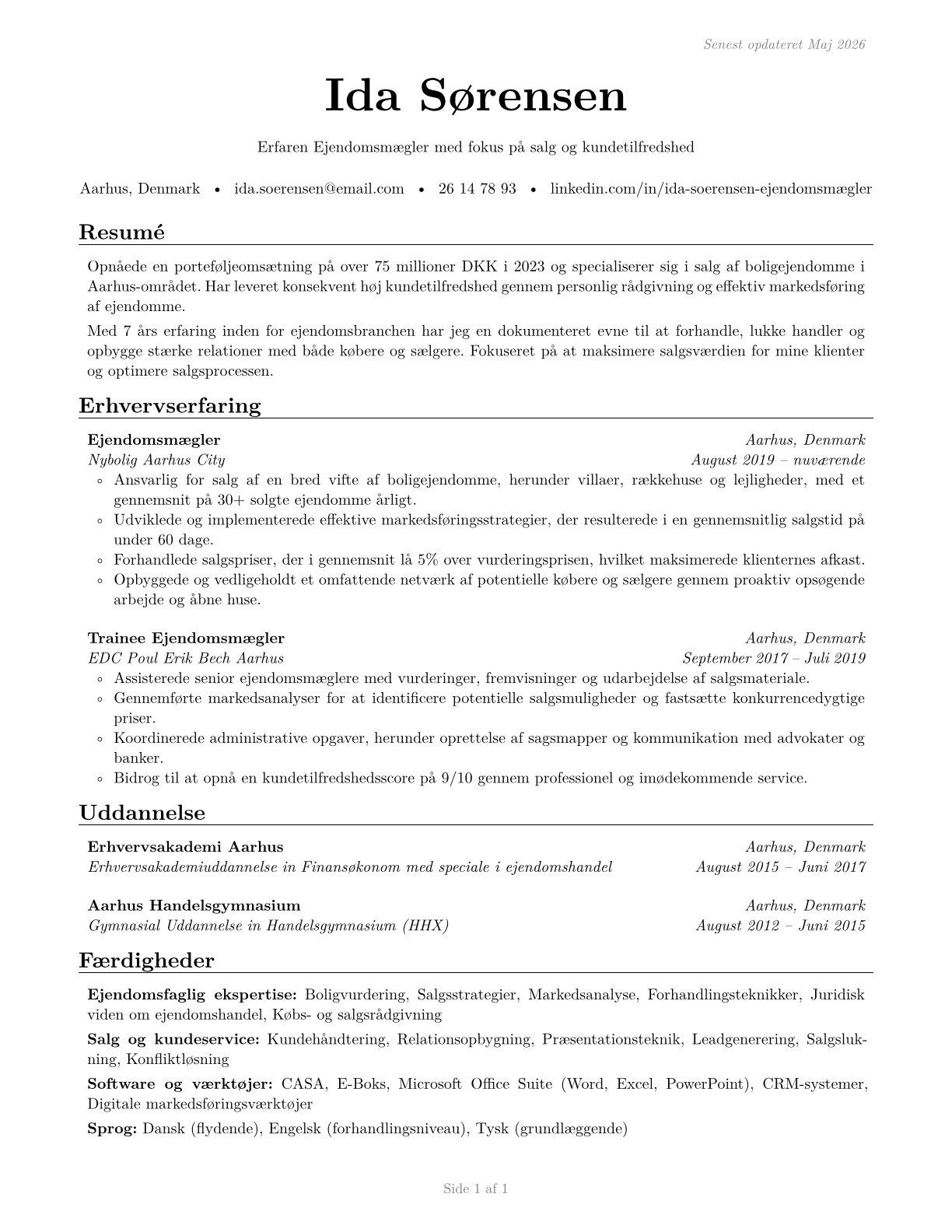 Real Estate Sales Agents CV in Danish — page 1