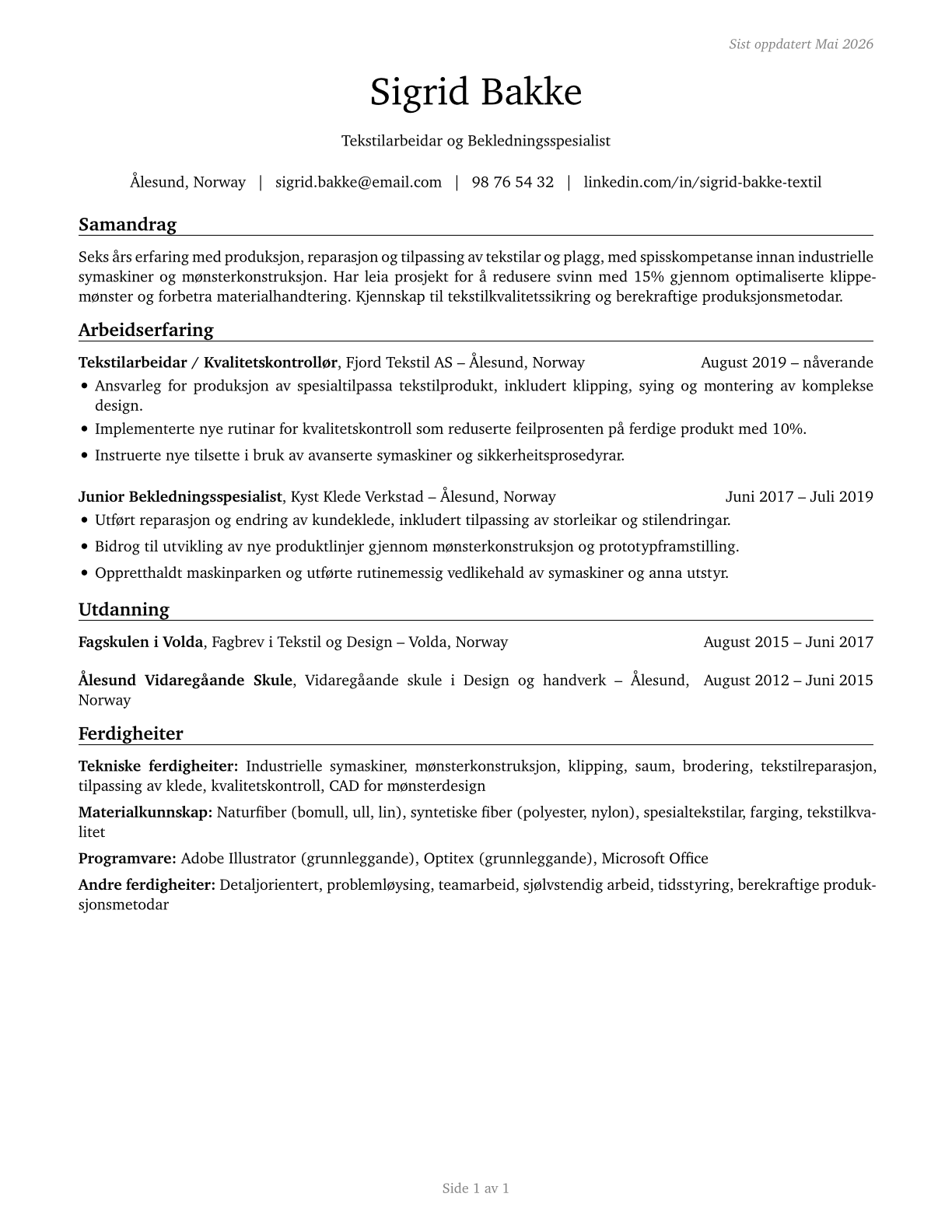 Textile, Apparel, and Furnishings Workers, All Other CV in Norwegian_nynorsk — page 1