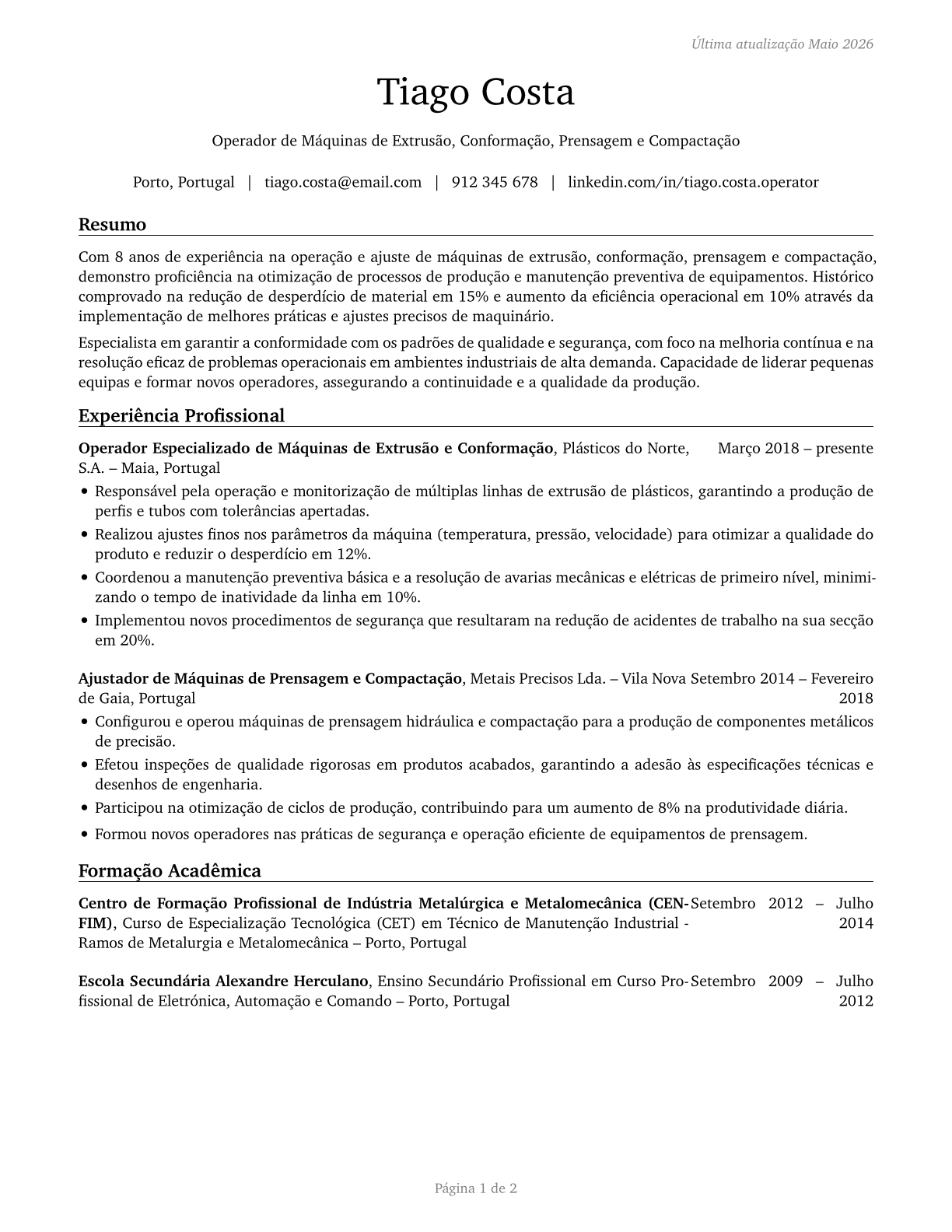 Extruding, Forming, Pressing, and Compacting Machine Setters, Operators, and Tenders CV in Portuguese — page 1