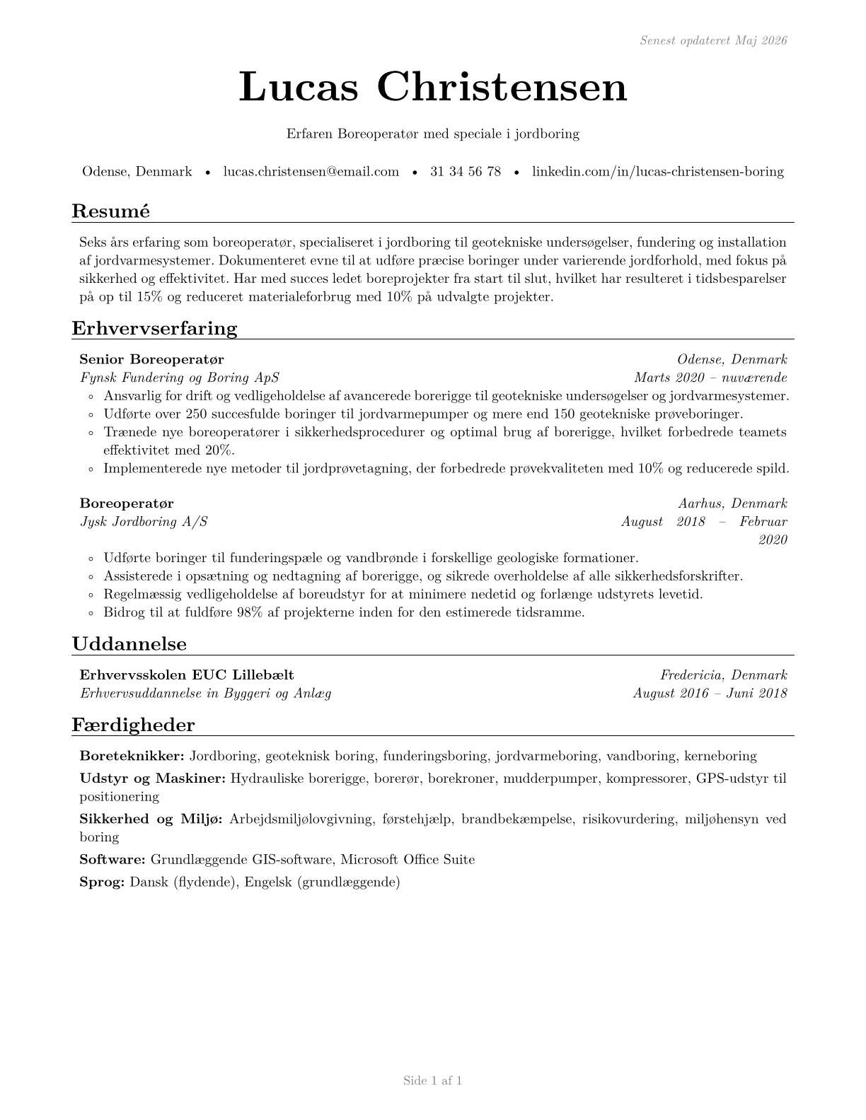 Earth Drillers, Except Oil and Gas CV in Danish — page 1