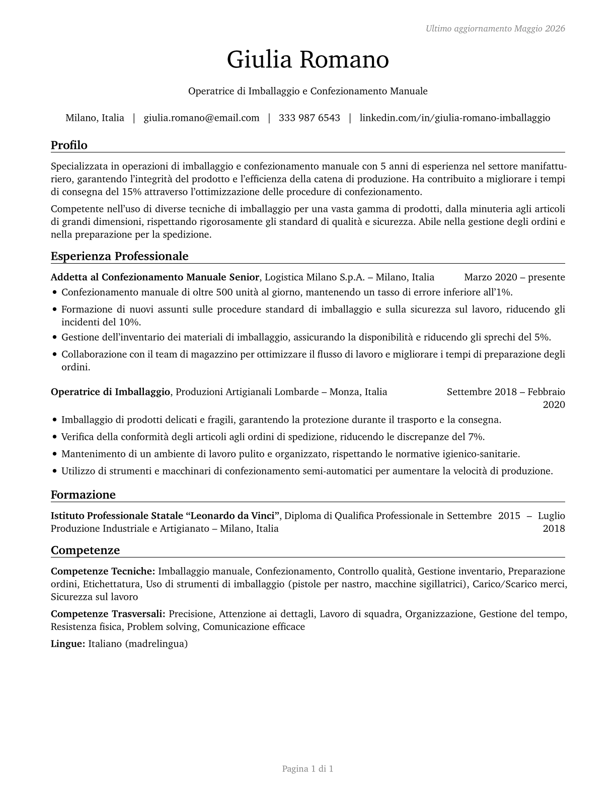 Packers and Packagers, Hand CV in Italian — page 1