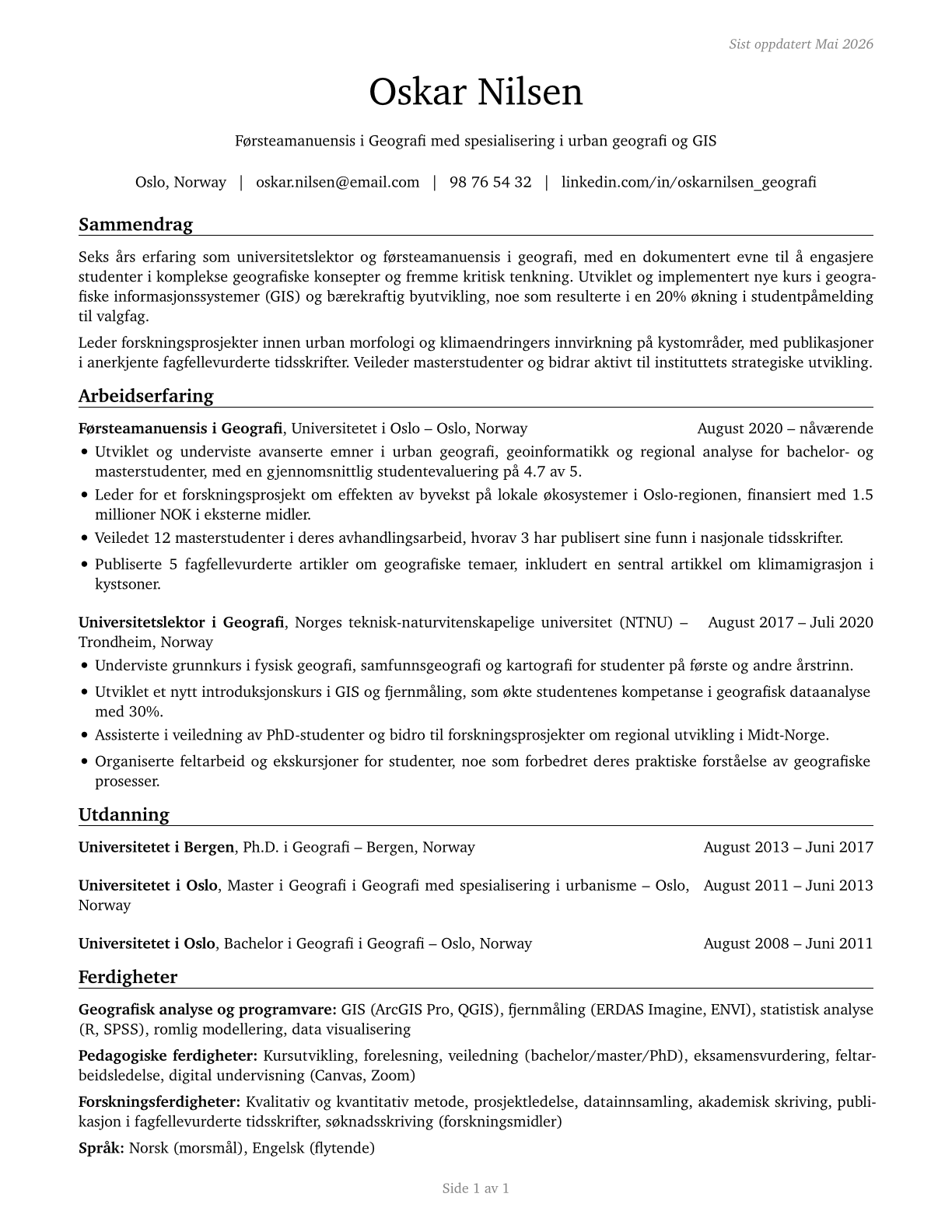 Geography Teachers, Postsecondary CV in Norwegian_bokmal — page 1