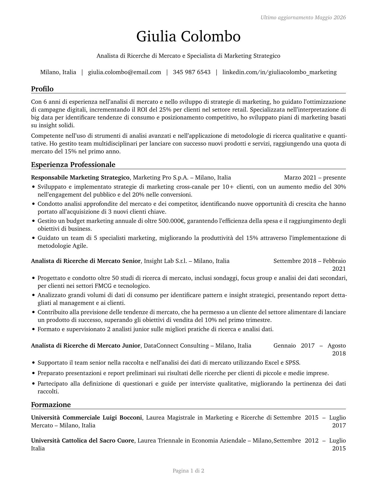Market Research Analysts and Marketing Specialists CV in Italian — page 1