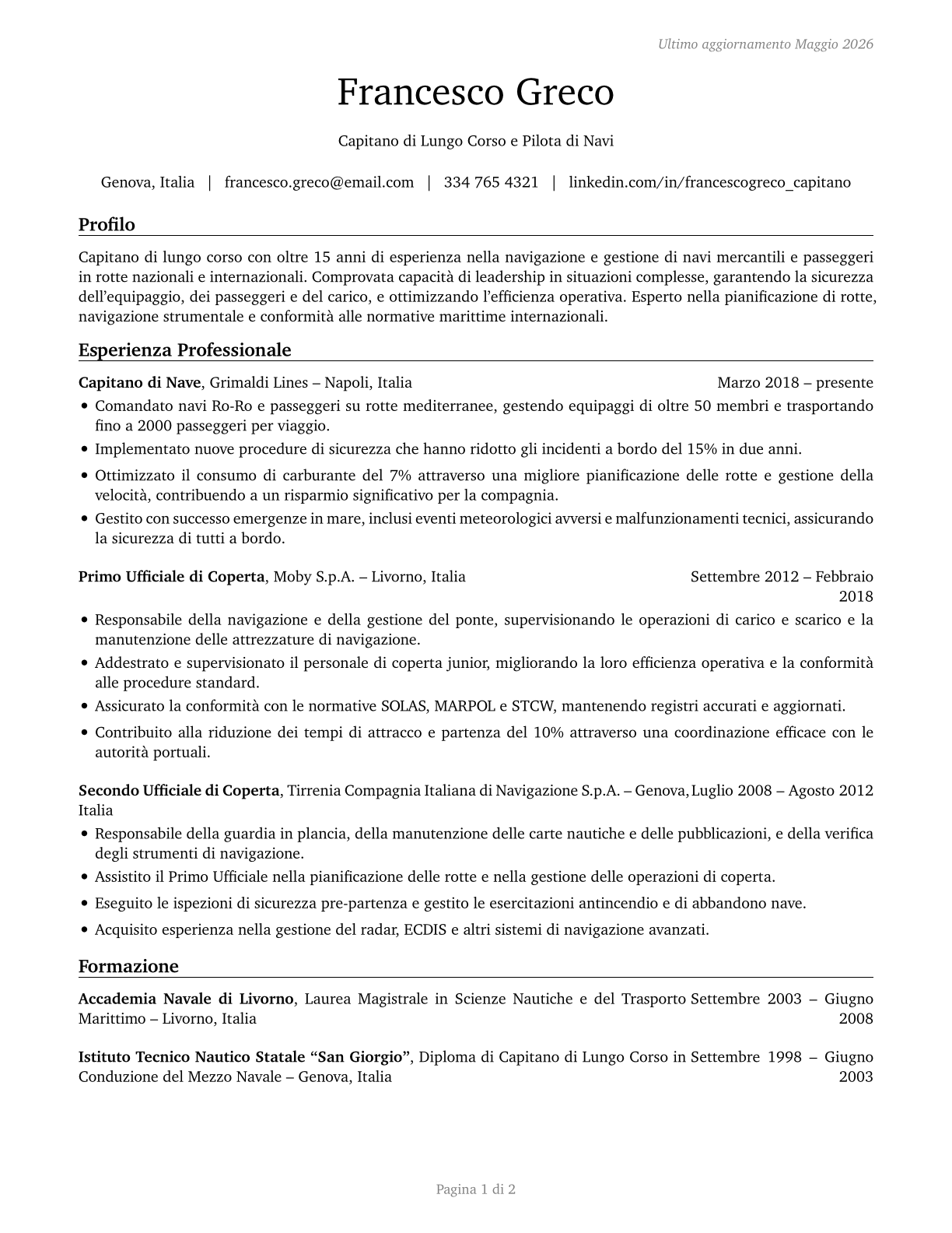 Captains, Mates, and Pilots of Water Vessels CV in Italian — page 1