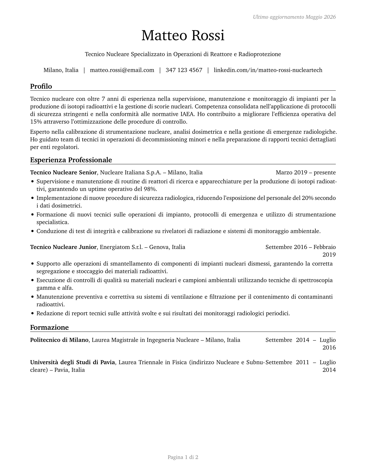 Nuclear Technicians CV in Italian — page 1