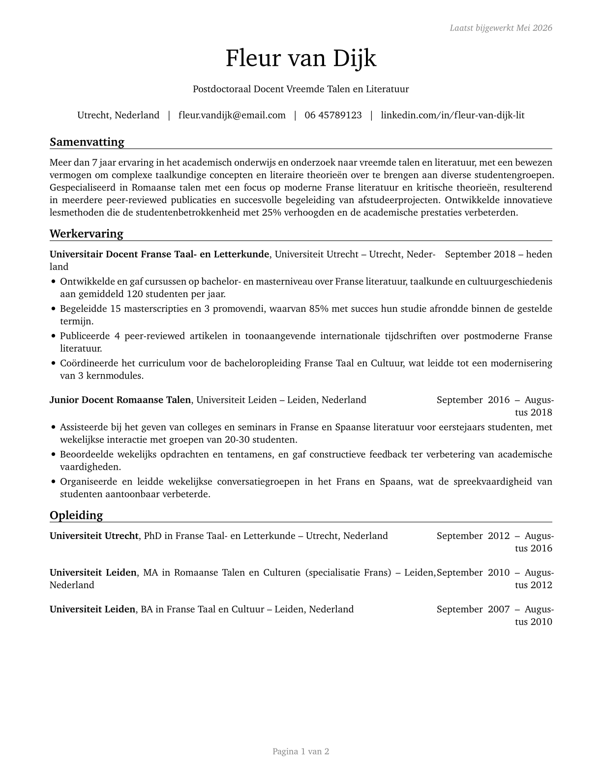 Foreign Language and Literature Teachers, Postsecondary CV in Dutch — page 1
