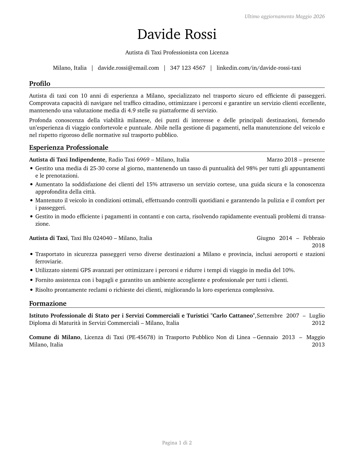 Taxi Drivers CV in Italian — page 1