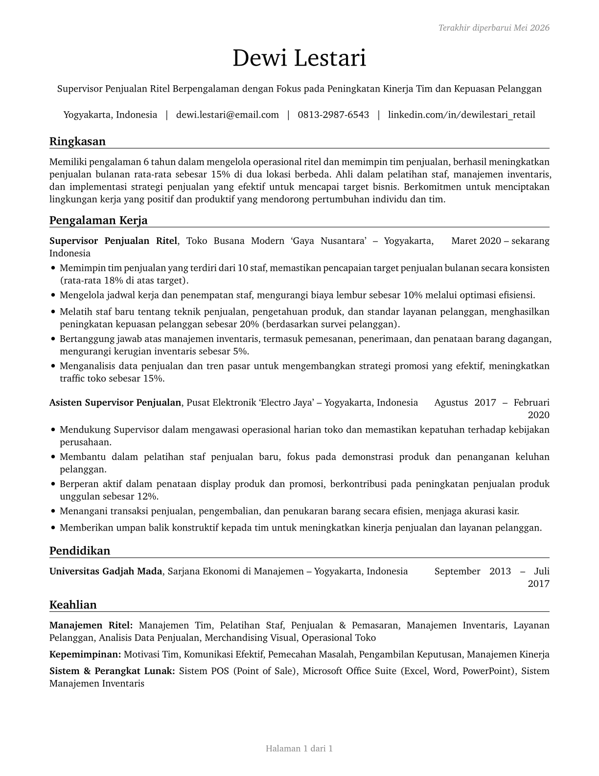 First-Line Supervisors of Retail Sales Workers CV in Indonesian — page 1