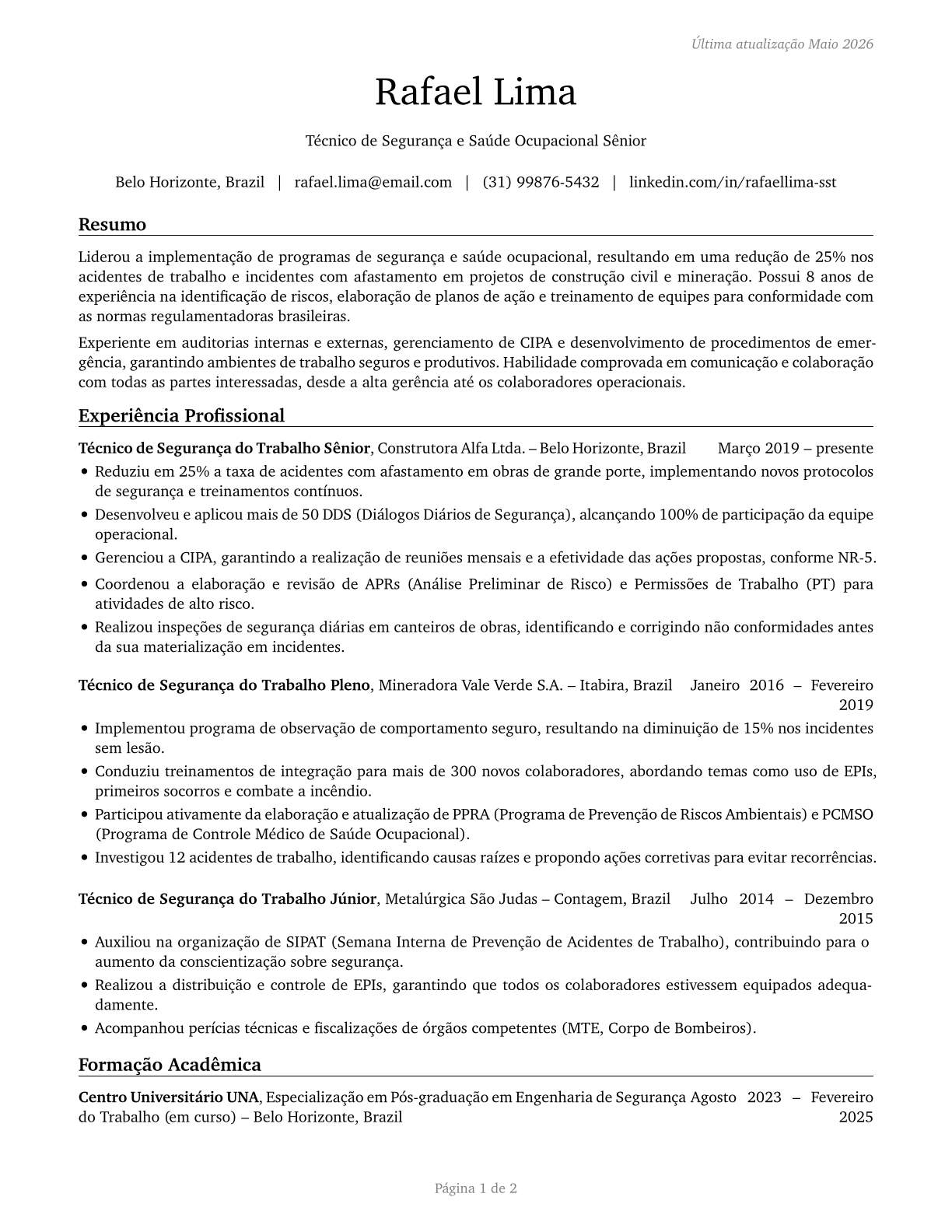 Occupational Health and Safety Technicians CV in Portuguese — page 1