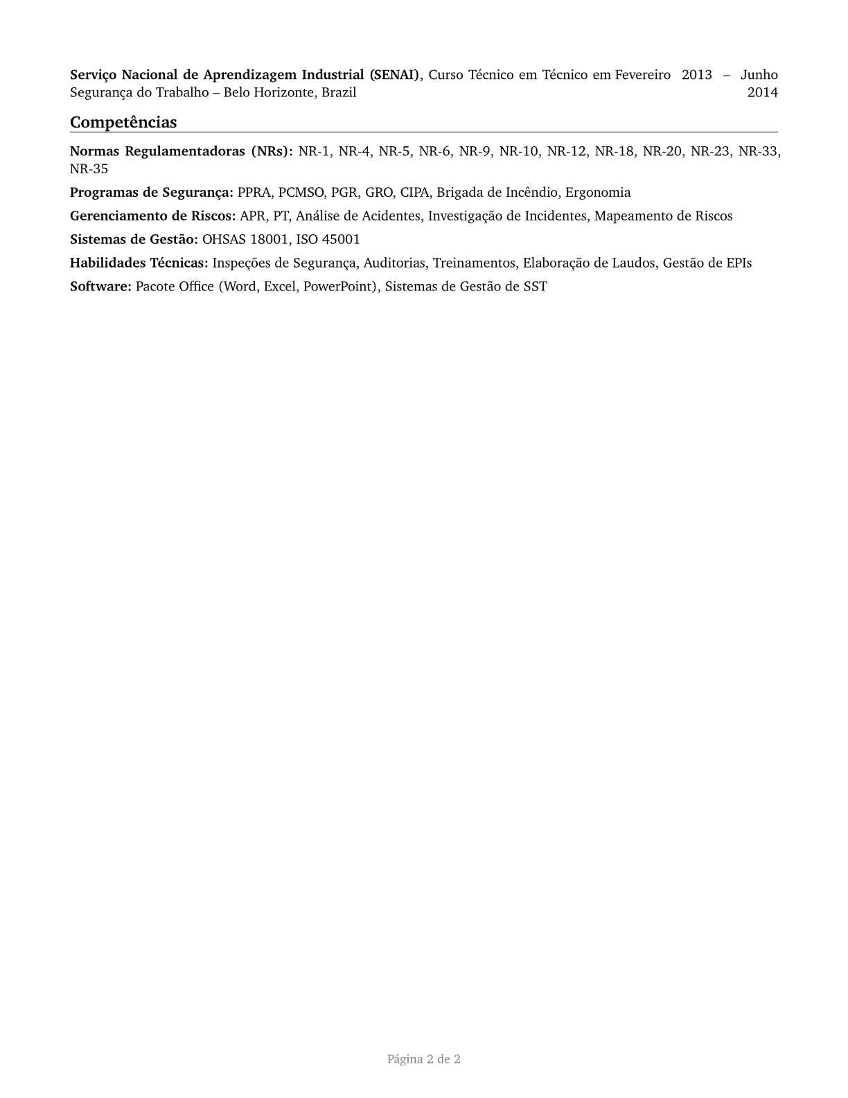 Occupational Health and Safety Technicians CV in Portuguese — page 2