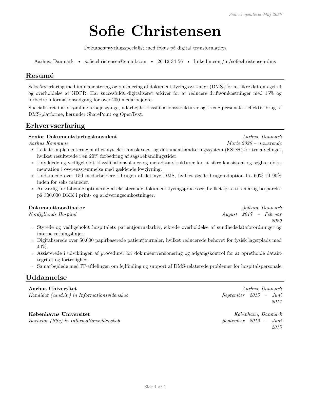 Document Management Specialists CV in Danish — page 1