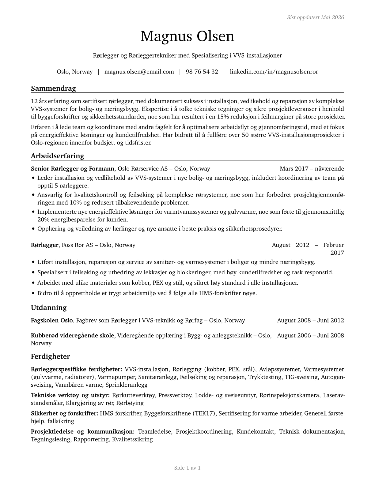 Plumbers, Pipefitters, and Steamfitters CV in Norwegian_bokmal — page 1