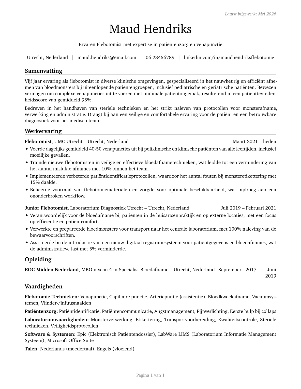 Phlebotomists CV in Dutch — page 1