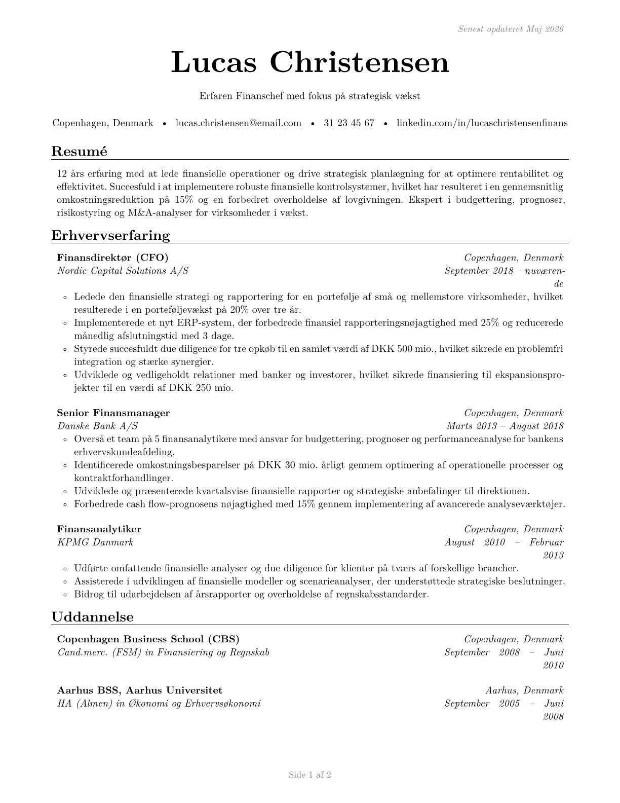 Financial Managers CV in Danish — page 1