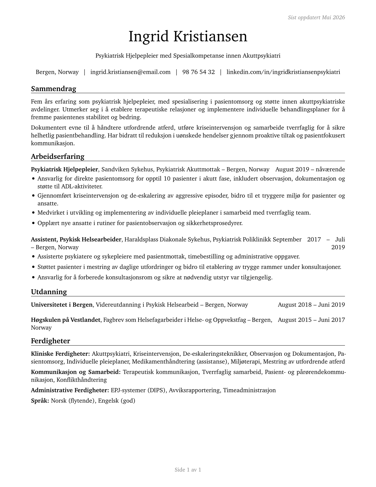 Psychiatric Aides CV in Norwegian_bokmal — page 1