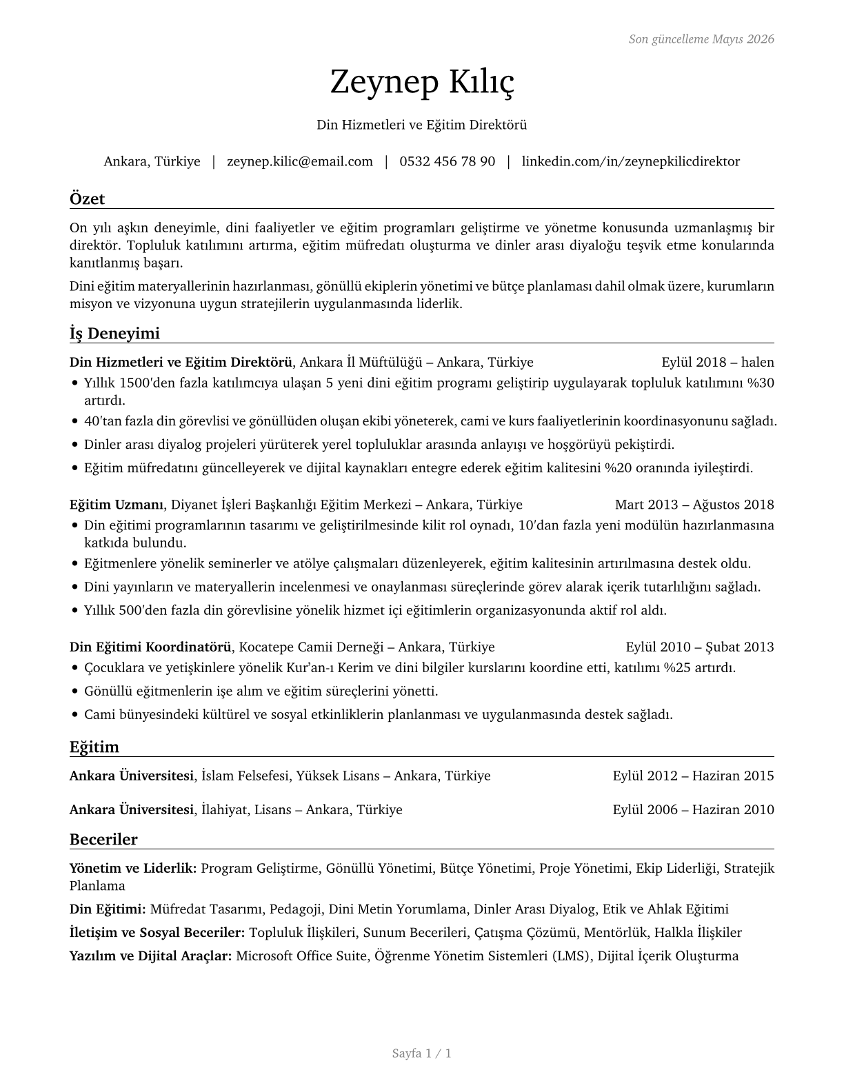 Directors, Religious Activities and Education CV in Turkish — page 1