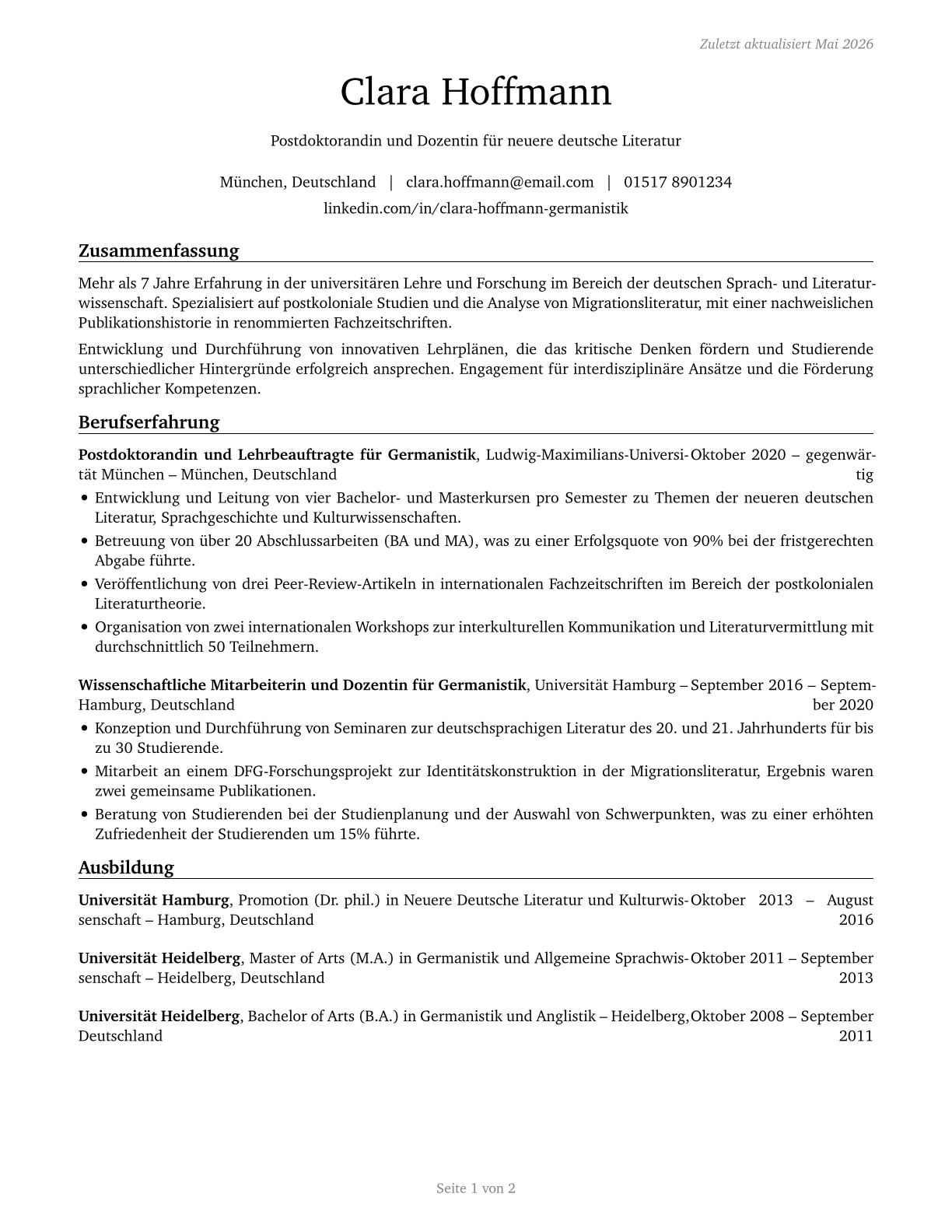 Foreign Language and Literature Teachers, Postsecondary CV in German — page 1