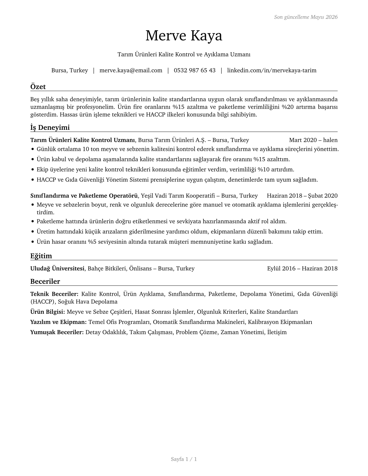 Graders and Sorters, Agricultural Products CV in Turkish — page 1