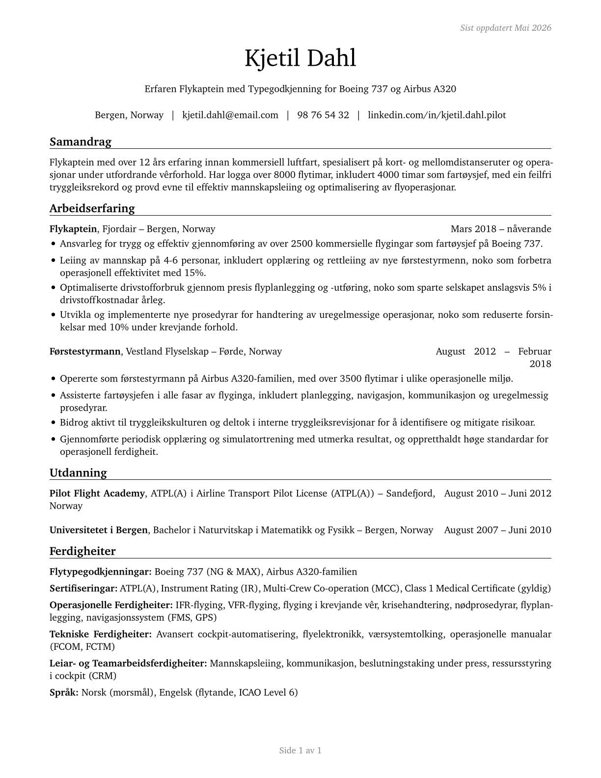 Airline Pilots, Copilots, and Flight Engineers CV in Norwegian_nynorsk — page 1
