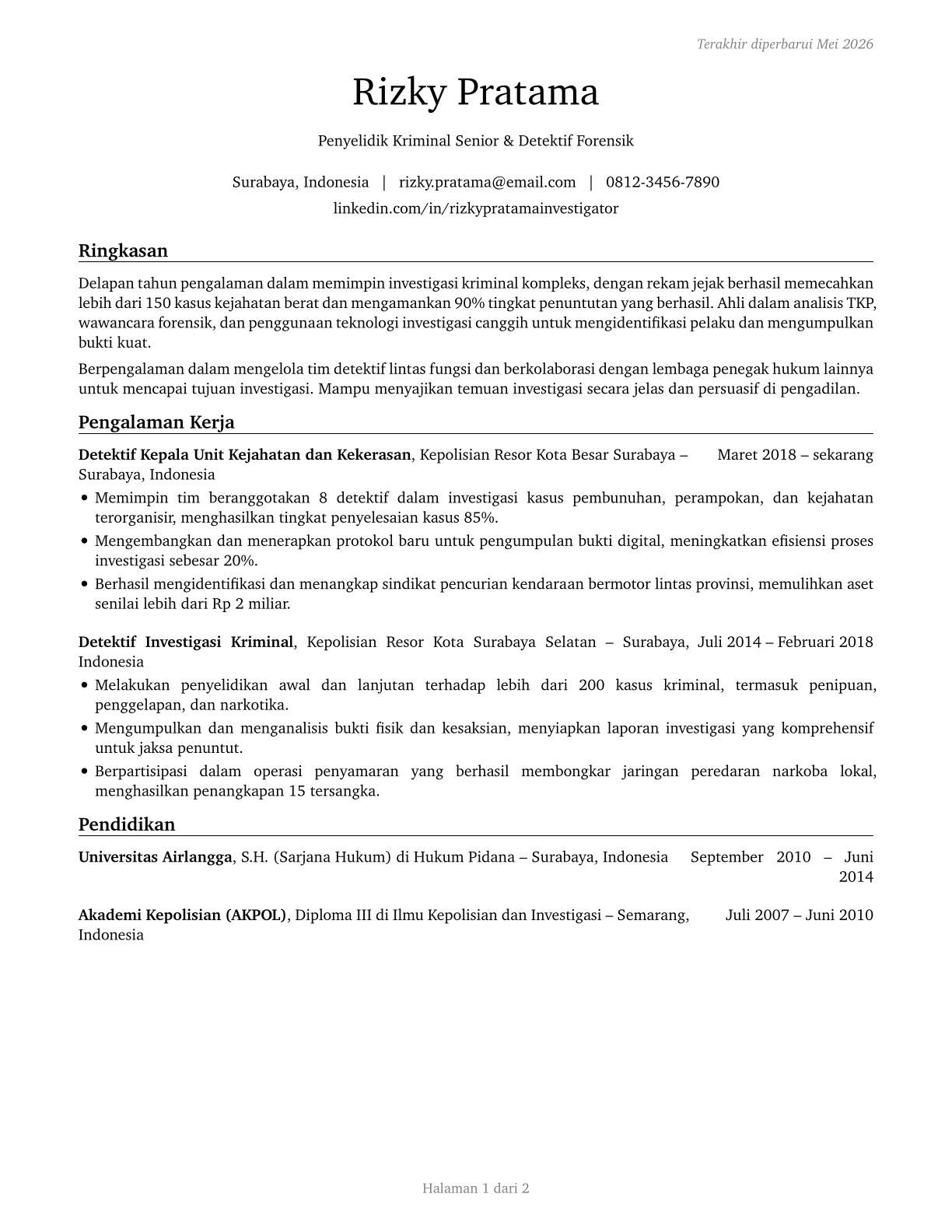 Detectives and Criminal Investigators CV in Indonesian — page 1