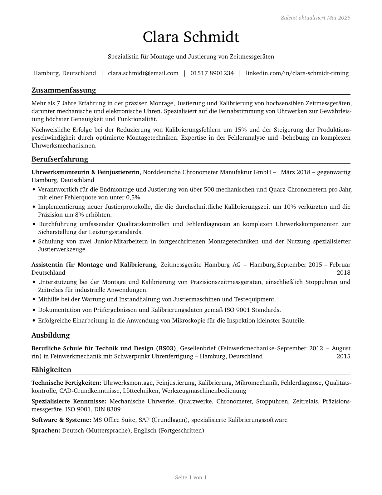 Timing Device Assemblers and Adjusters CV in German — page 1