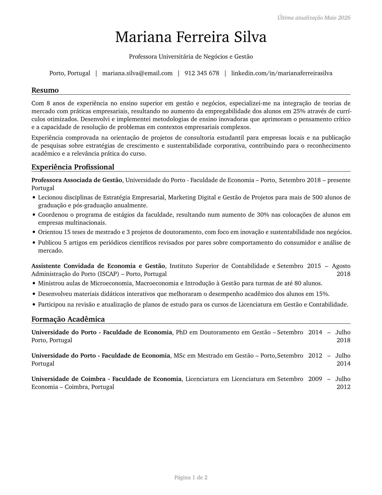 Business Teachers, Postsecondary CV in Portuguese — page 1