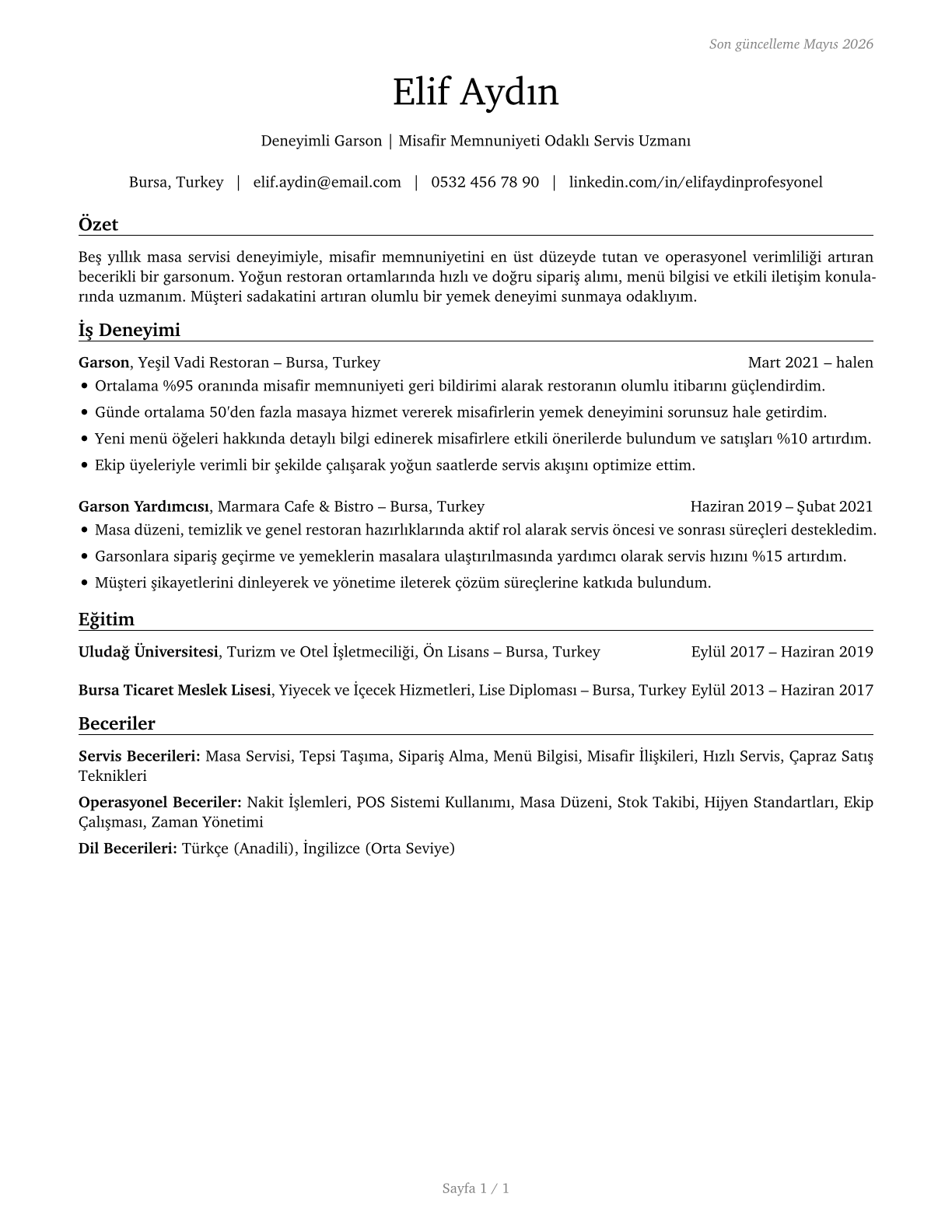 Waiters and Waitresses CV in Turkish — page 1