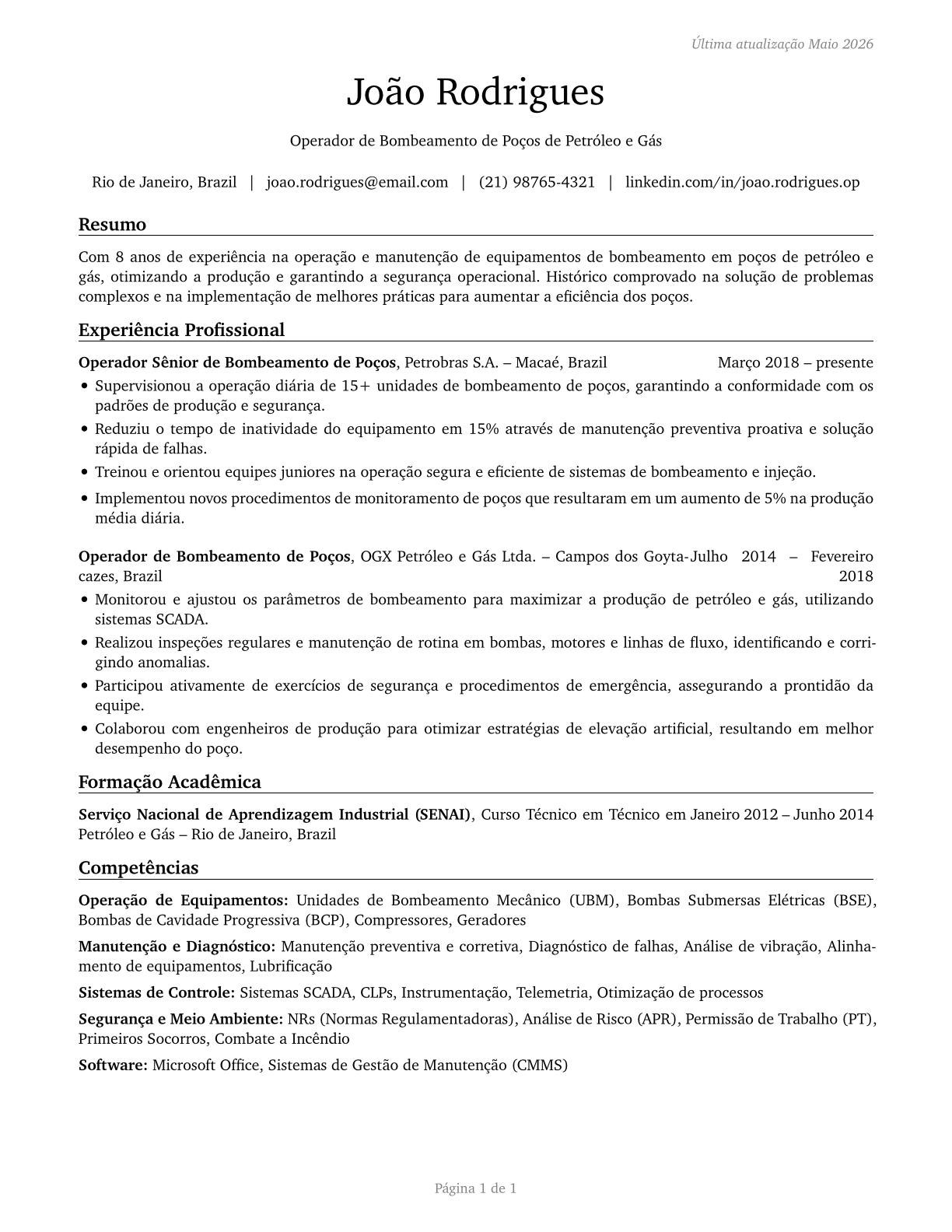 Wellhead Pumpers CV in Portuguese — page 1